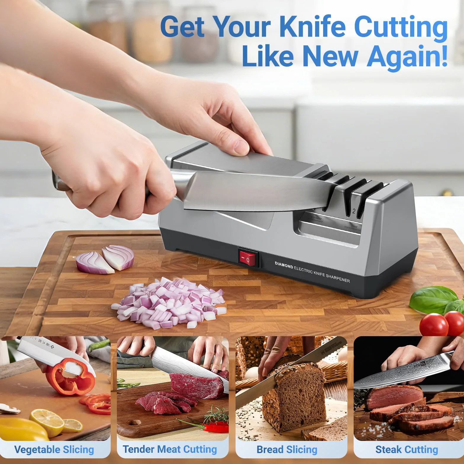 Affilacoltelli Elettrico Professionale 2 Livelli Dischi Diamantati Affilatura Rapida Coltelli da Cucina