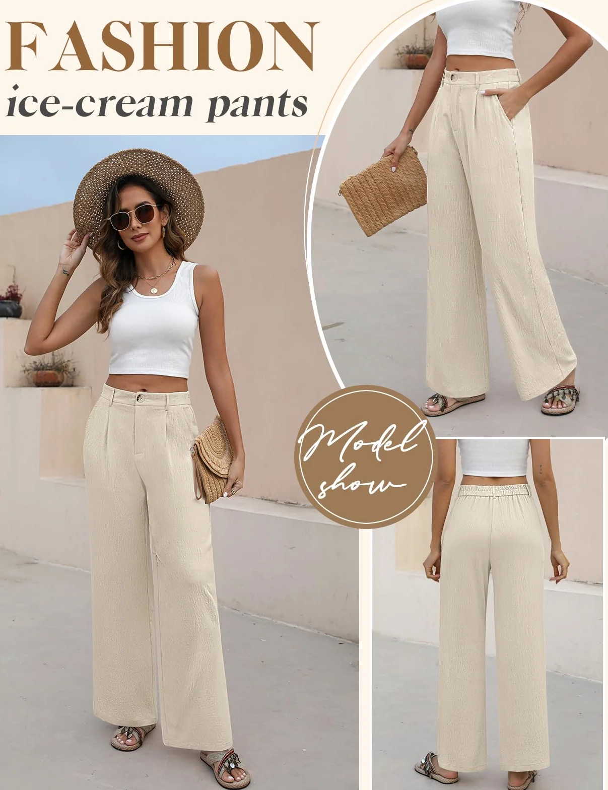 Pantaloni Donna Leggeri Eleganti Estivi Comodi Larghi | Elastico Vita, Alta Vita, Solido Sciolto, Casual, Lunghi, Bottoni, con Tasche, Pantaloni da Completo, Pantaloni Spiaggia