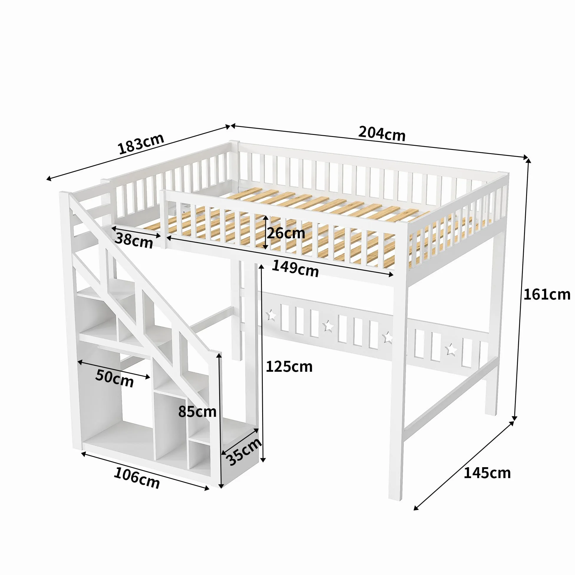 Letto a Soppalco 140x200cm con Recinzione Sicura e Scala di Stoccaggio, Letto a Castello Bianco per Bambini e Ragazzi - Struttura Legno Stile Montessori
