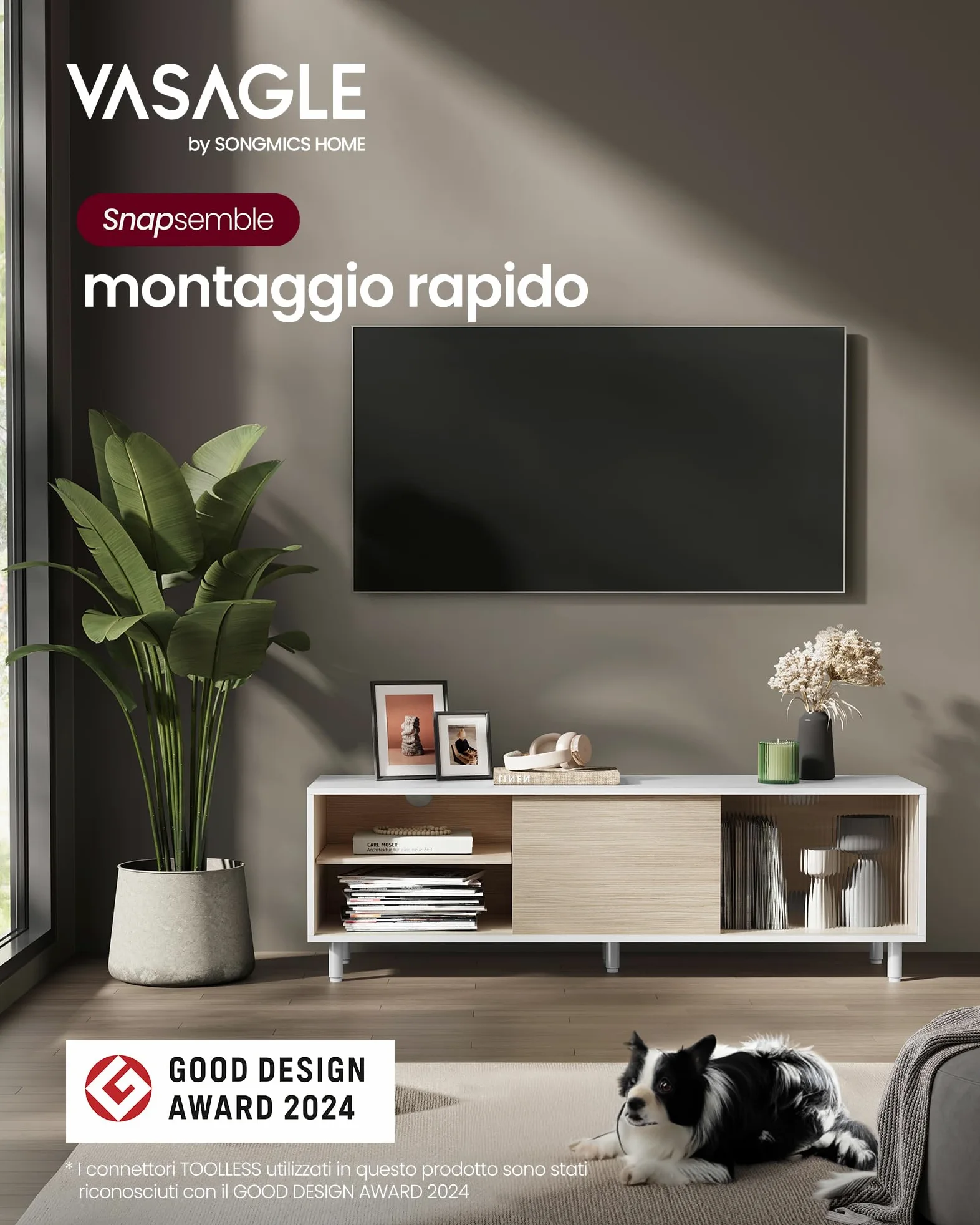 VASAGLE Mobile TV per Televisore fino a 32/45/50/55/60 Pollici, Montaggio Rapido Senza Attrezzi Toolless, per Soggiorno, Vetro Scanalato, Moderno, 140 x 39 x 45 cm, Bianco LTV466W01