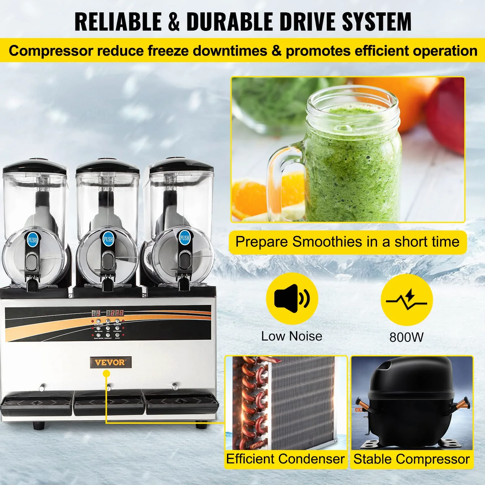 VEVOR Macchina per Granita Sorbetto Elettrica in Acciaio Inox 45L Uso Commerciale, Granitore Sorbettiera Elettrico Commerciale Bevande Fredde, Macchina per Granita Crema Caffè con 3 Vasche da Banco