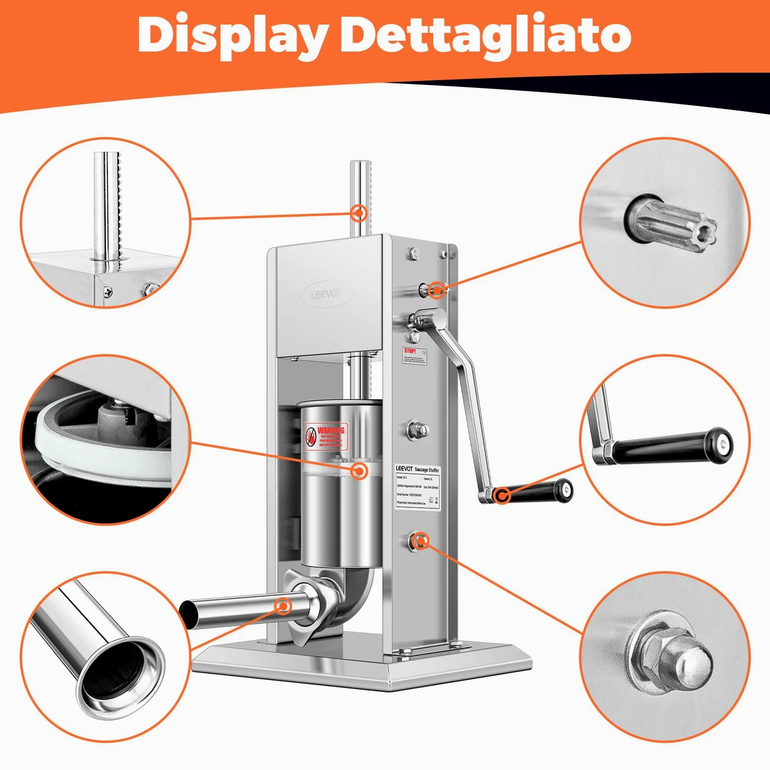 LEEVOT Insaccatrice per Salsicce 3L/7Lb, Acciaio Inossidabile 304, Macchina per Salsicce Regolabile a 2 Velocità, 4 Tubetti di Riempimento (Argento)