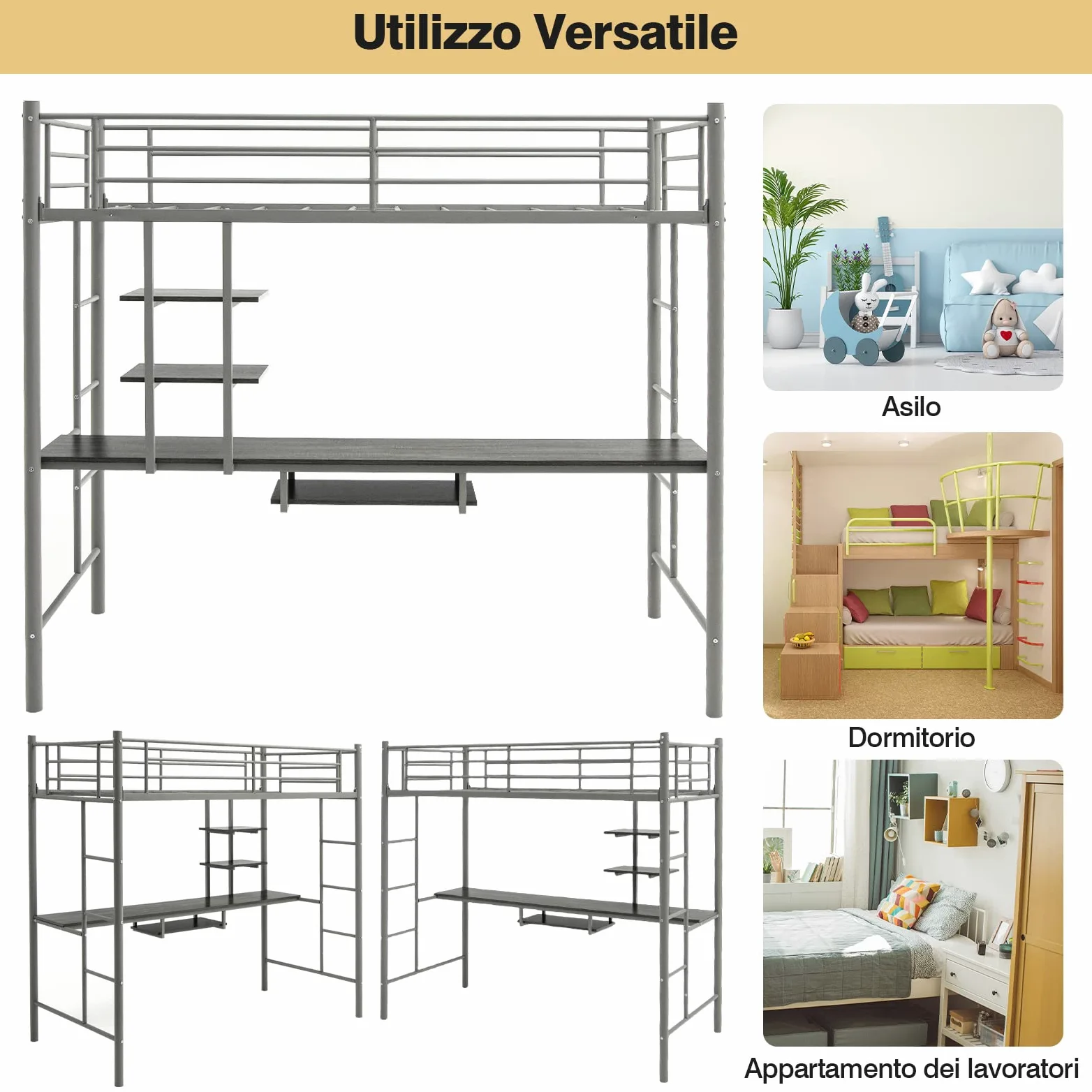 COSTWAY Letto a Soppalco in Metallo, Struttura del Letto Salvaspazio con 2 Scale e Scrivania, Letto a Doghe Ideale per Adolescenti e Adulti, 200x95x180,5 cm (Argento)