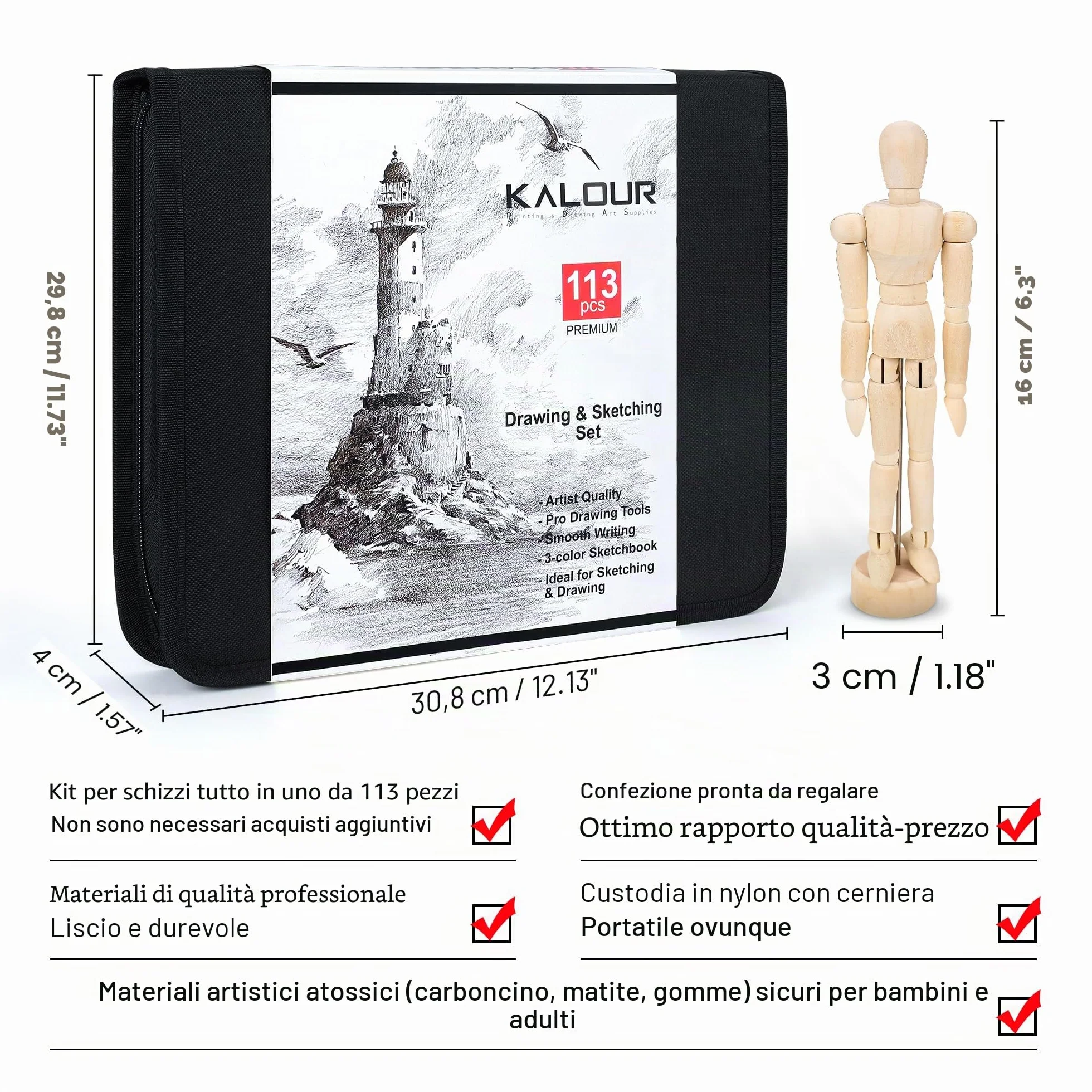 KALOUR Set da disegno professionale da 113 pezzi, set per schizzi con matite grafite e a carboncino, quaderno da schizzo a 3 colori, figura in legno, accessori artistici in astuccio per principianti e
