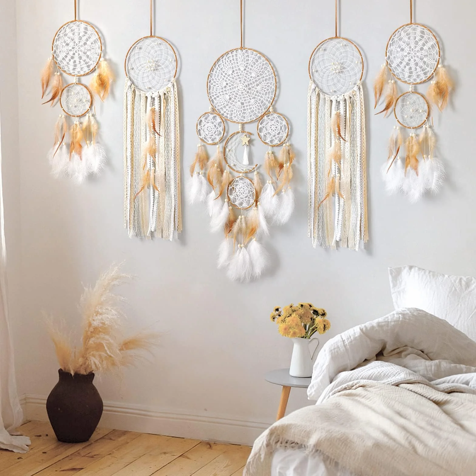Set di 5 acchiappasogni motivo luna e sole bohémien fatti a mano per parete decorazione camera da letto