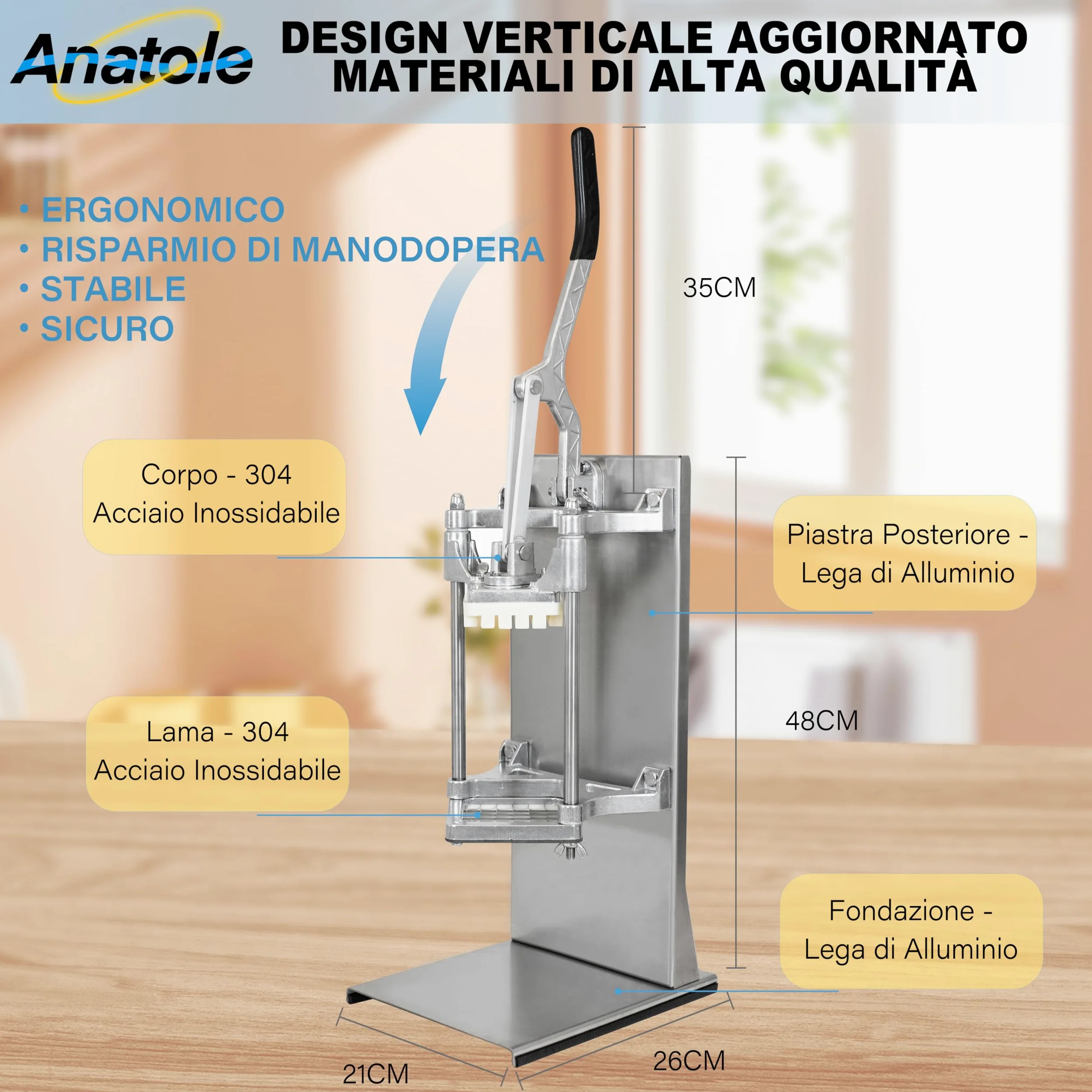 Anatole Tagliapatate per Patate Fritte Professionale Verticale con Lame 6mm 9mm 13mm Acciaio Inox Taglia Patatine Fritte Manuale Commerciale Tagliaverdure Multifunzione per Cipolle Carote Cetrioli