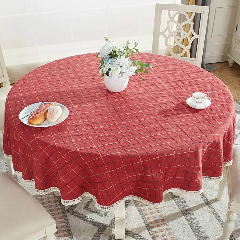 Tovaglia da tavola rotonda Tovaglia in cotone e lino Reticolo per uso domestico Addensare Bordo in pizzo Dimensioni della copertura del tavolo Ristorante Tovaglia rotonda Tovaglia da tè