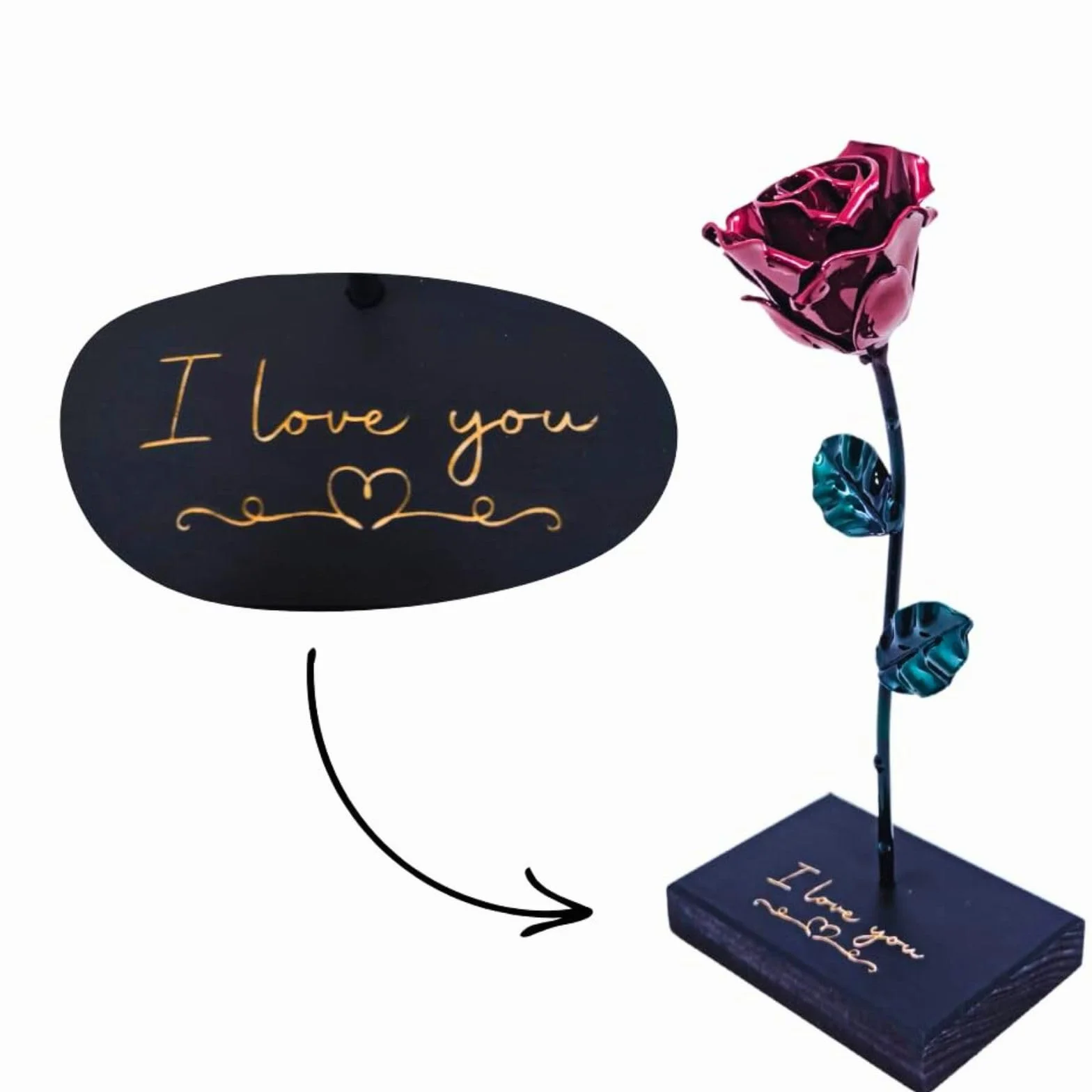 Forging Art Bcn® Rosa Eterna in Ferro Forgiato a Mano con Piedistallo - Edizione I Love You - Regalo Festa della mamma, San Valentino