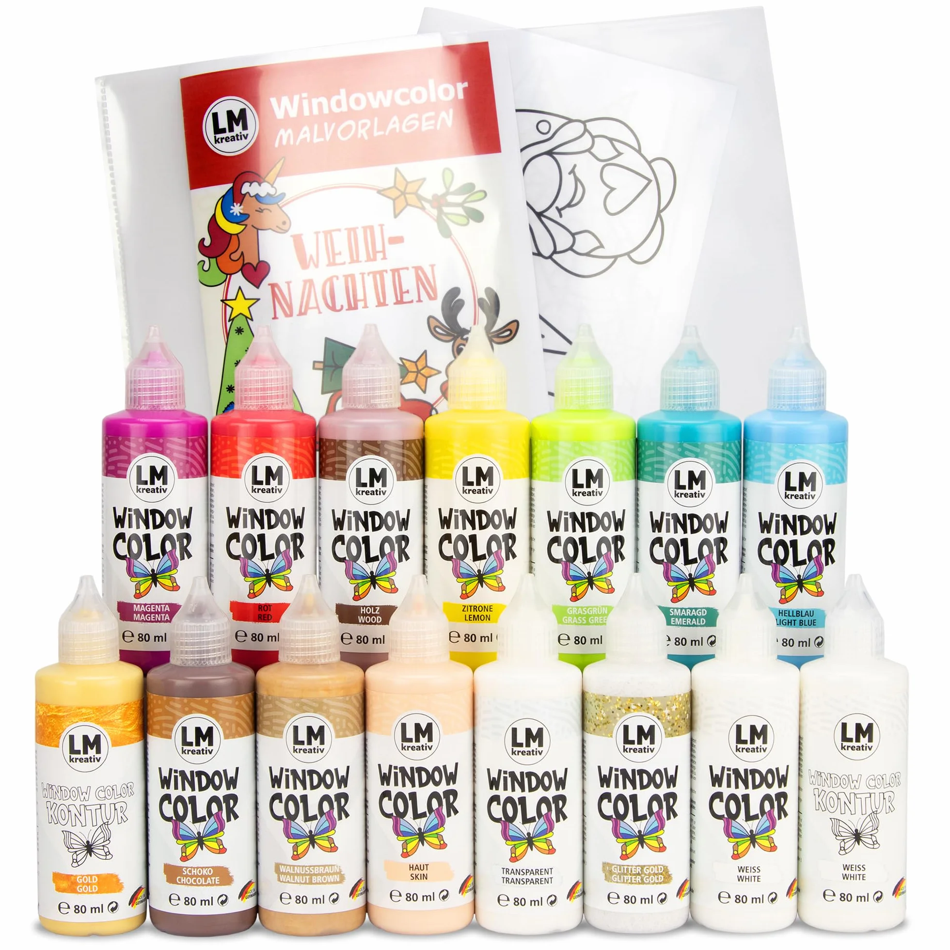 Set di colori per finestre LM-Kreativ 4 stagioni - Set di colori per finestre con 15 colori, colori da contorno e 3 fogli da colorare stampati su entrambi i lati con oltre 50 motivi - Colori per