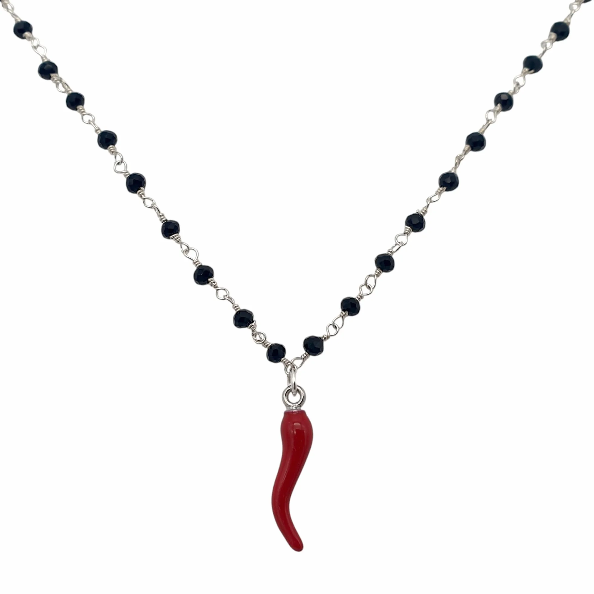Collana Donna Corno Rosso Portafortuna Cristalli Neri Girocollo Stile Rosario Napoletano Ciondolo Cornetto Smaltato Rosso