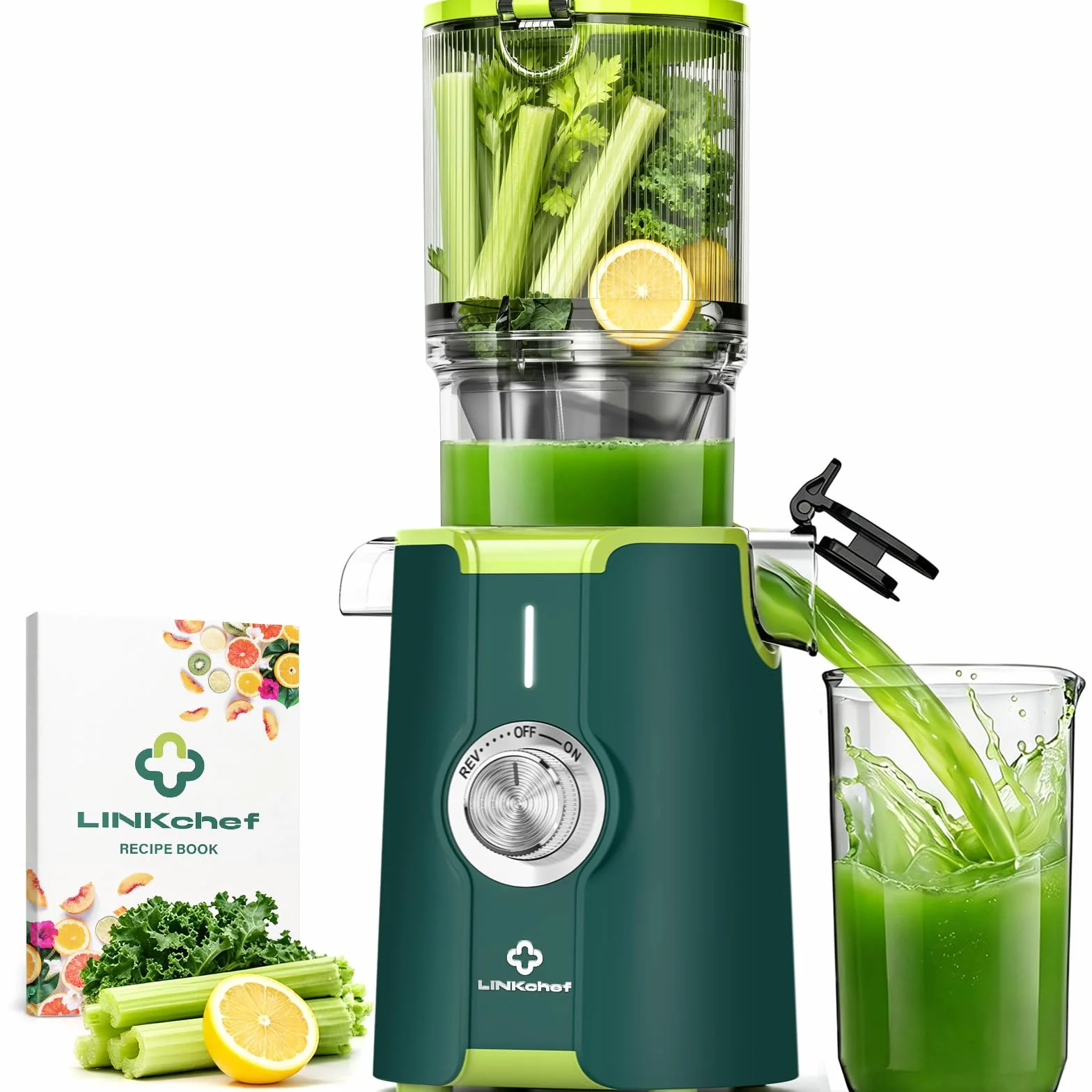 LINKChef Estrattore di Succo a Freddo | 200W Estrattore Frutta e Verdura Intera | Bocca Larga da 115mm | Con Ricettario Incluso | Senza BPA | Facile da Pulire con Funzione Inversa | Verde