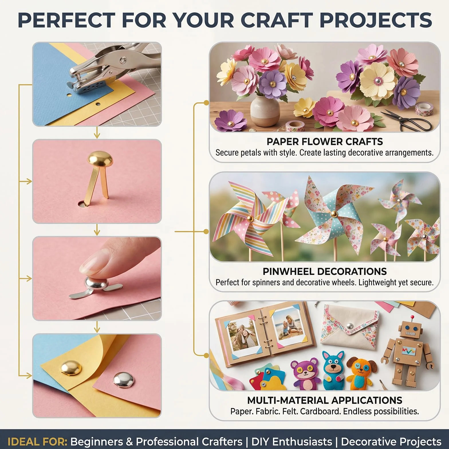 200 spille assortite, mini fermacampioni in metallo per lavori artigianali, testa rotonda in ottone oro/argento, per scrapbooking, carta, fai da te, arti e mestieri, timbratura di cartoline