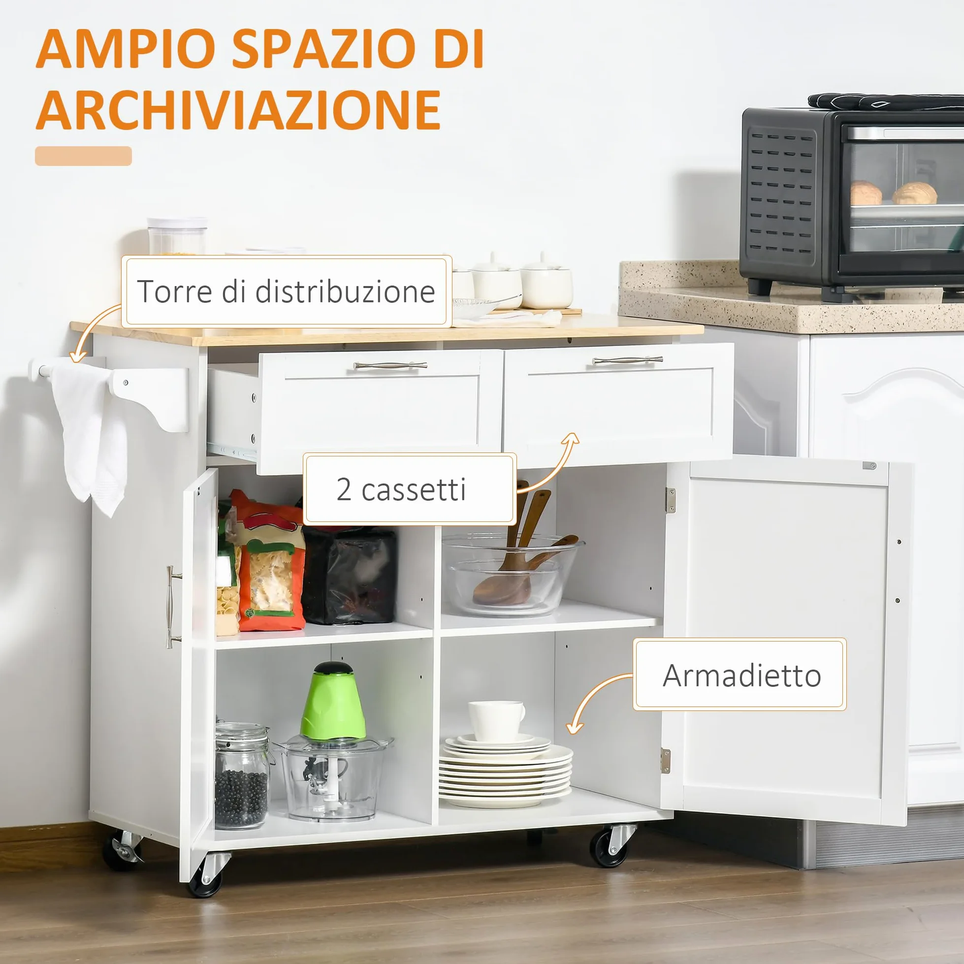 HOMCOM Isola Cucina con Piano di Lavoro in Legno di Caucciù, Carrello Cucina con Ruote, 2 Cassetti, Armadietto, Ripiani Regolabili e Porta Asciughini, in Legno MDF, 104x46x91cm, Bianco