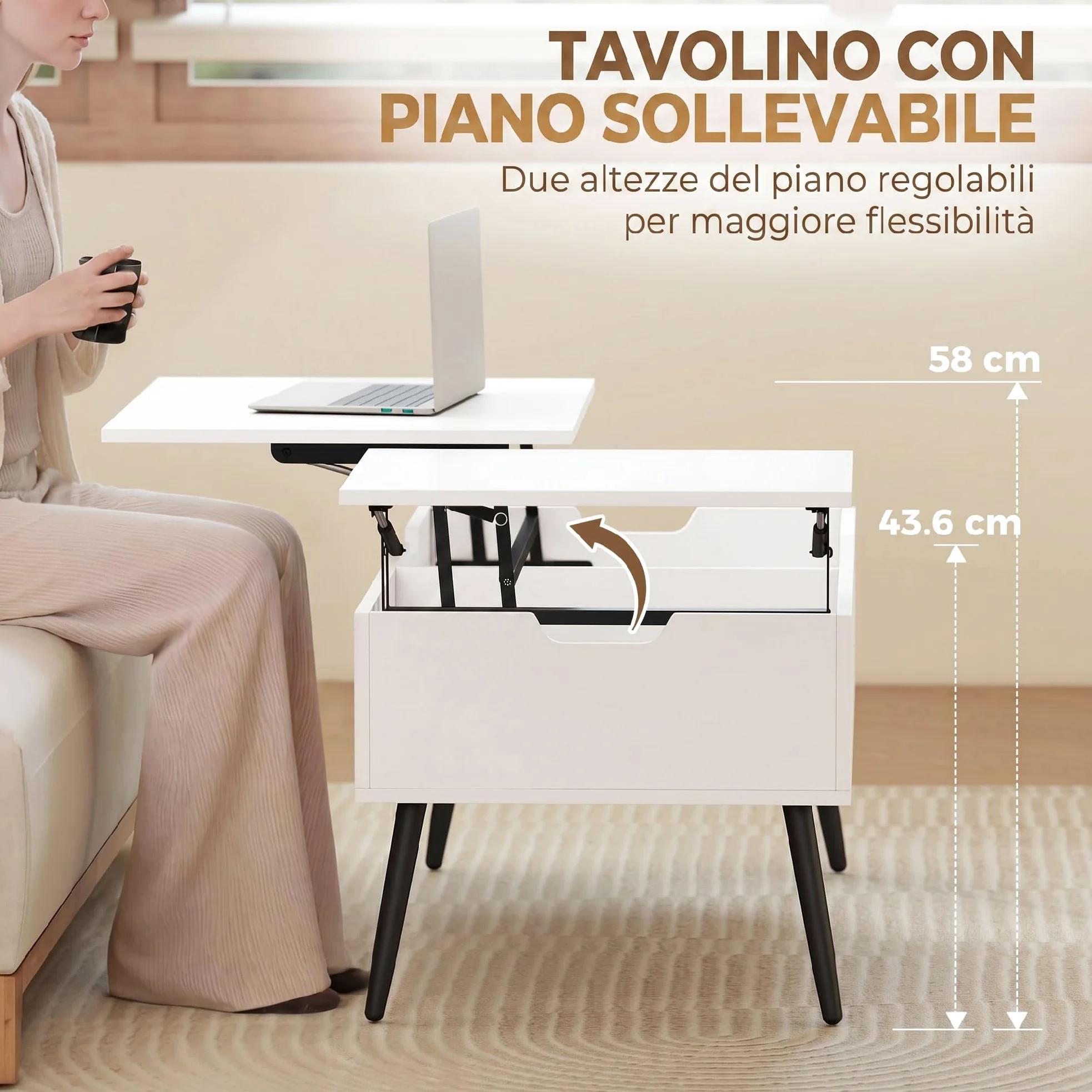 HOMCOM Tavolino da Caffè Sollevabile Salotto 100x50x43.6-58 cm Bianco | Doppio Piano, Vano Nascosto, Gambe in Metallo, Soggiorno Casa Ufficio