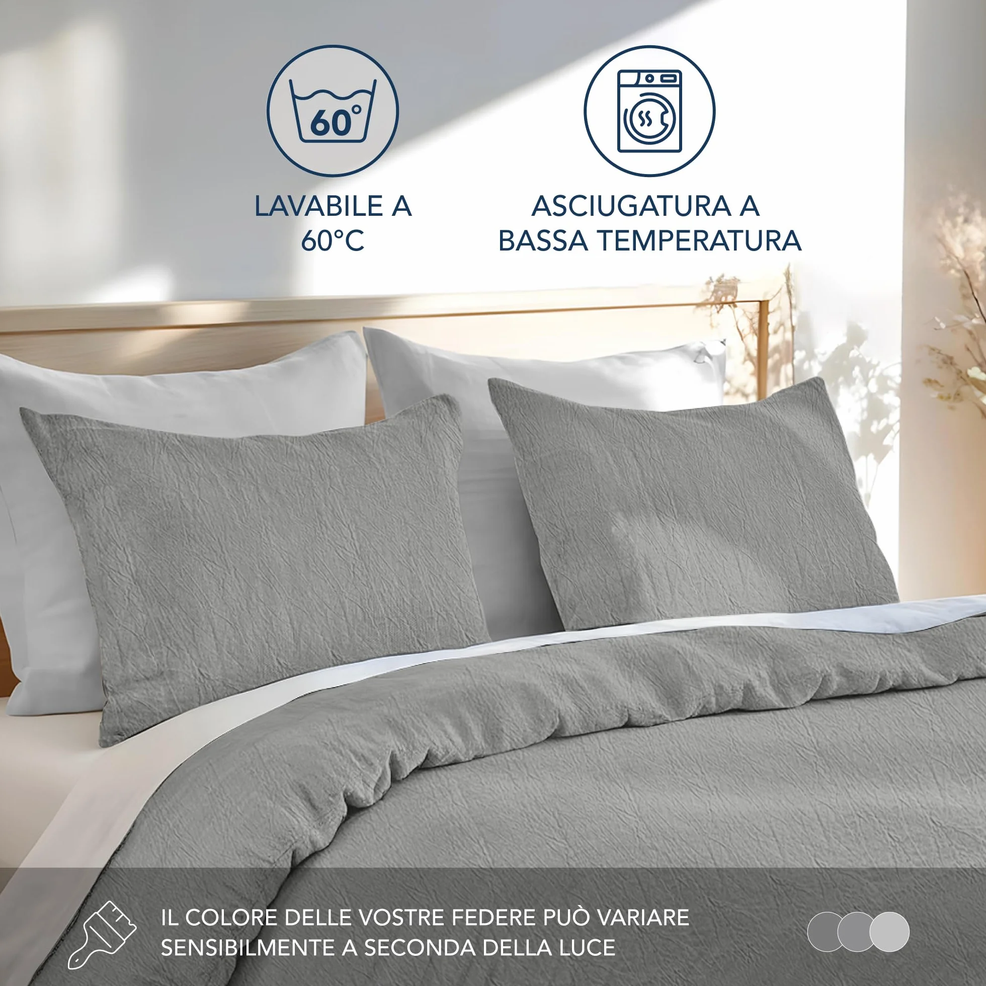 Dreamzie Federe Cuscino 40x40 cm Set di 2 Cotone Lavato Grigio Chiaro Cerniera OEKO-TEX