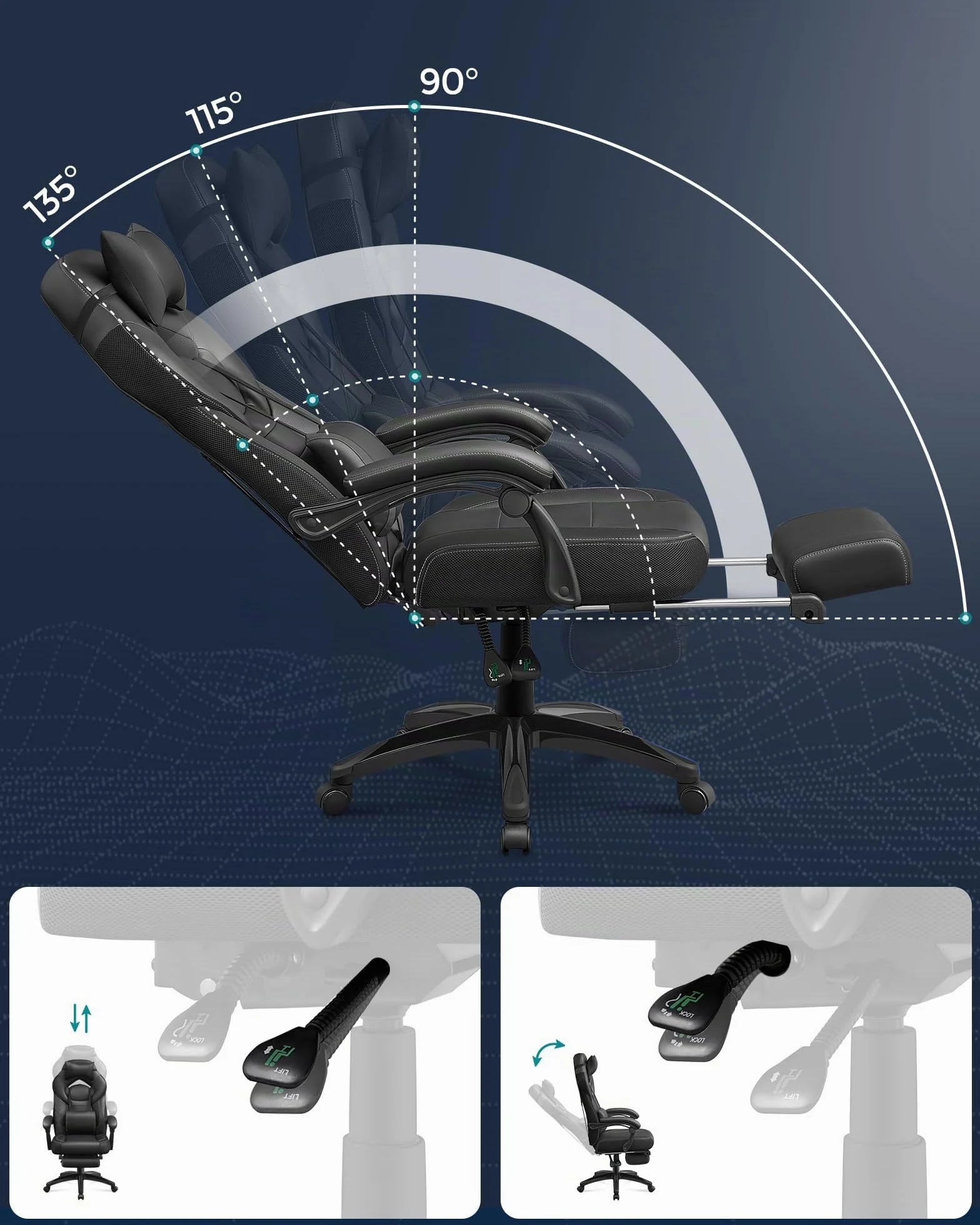 SONGMICS Sedia Gaming, Sedia Ufficio Scrivania, Ergonomico, con Poggiapiedi, Poggiatesta Regolabile, Cuscino Lombare, Portata 150 kg, Nero OBG077B01