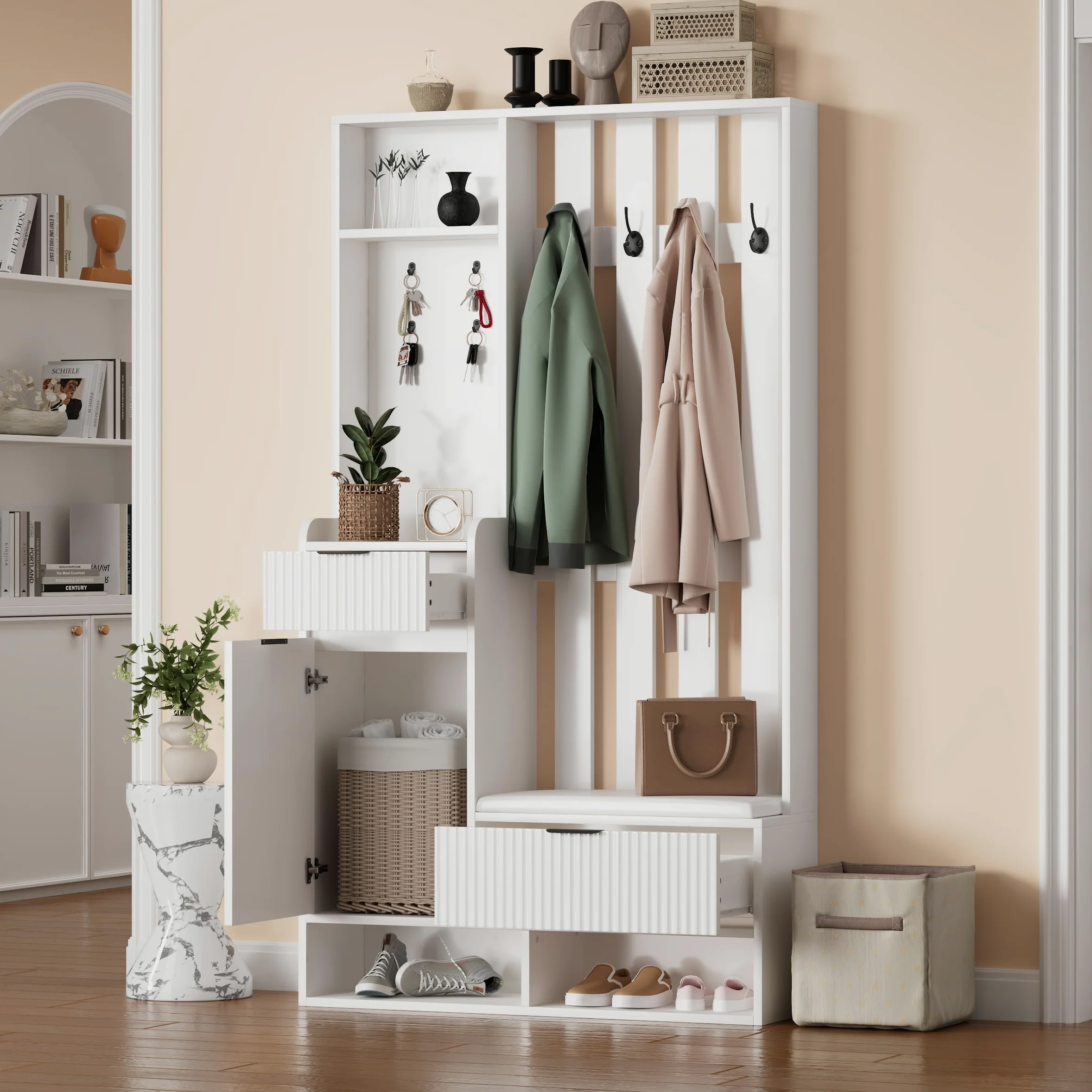 100 x 30 x 180 cm, 6 in 1, con 8 ganci, protezione antiribaltamento, appendiabiti compatto con cassetti e armadi, larghezza 100 cm, colore: bianco