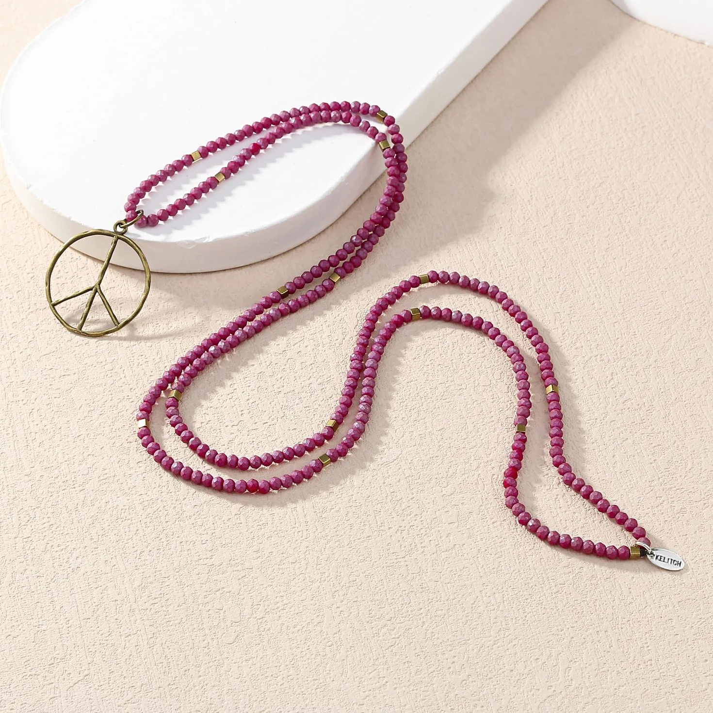 KELITCH Peace Sign collana ciondolo cristallo donna legno ovale