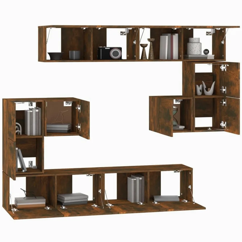 Mobile TV da parete in legno di rovere affumicato, mobile pensile decorativo per TV, con molto spazio per chiavi e blocchi appunti, superficie facile da pulire