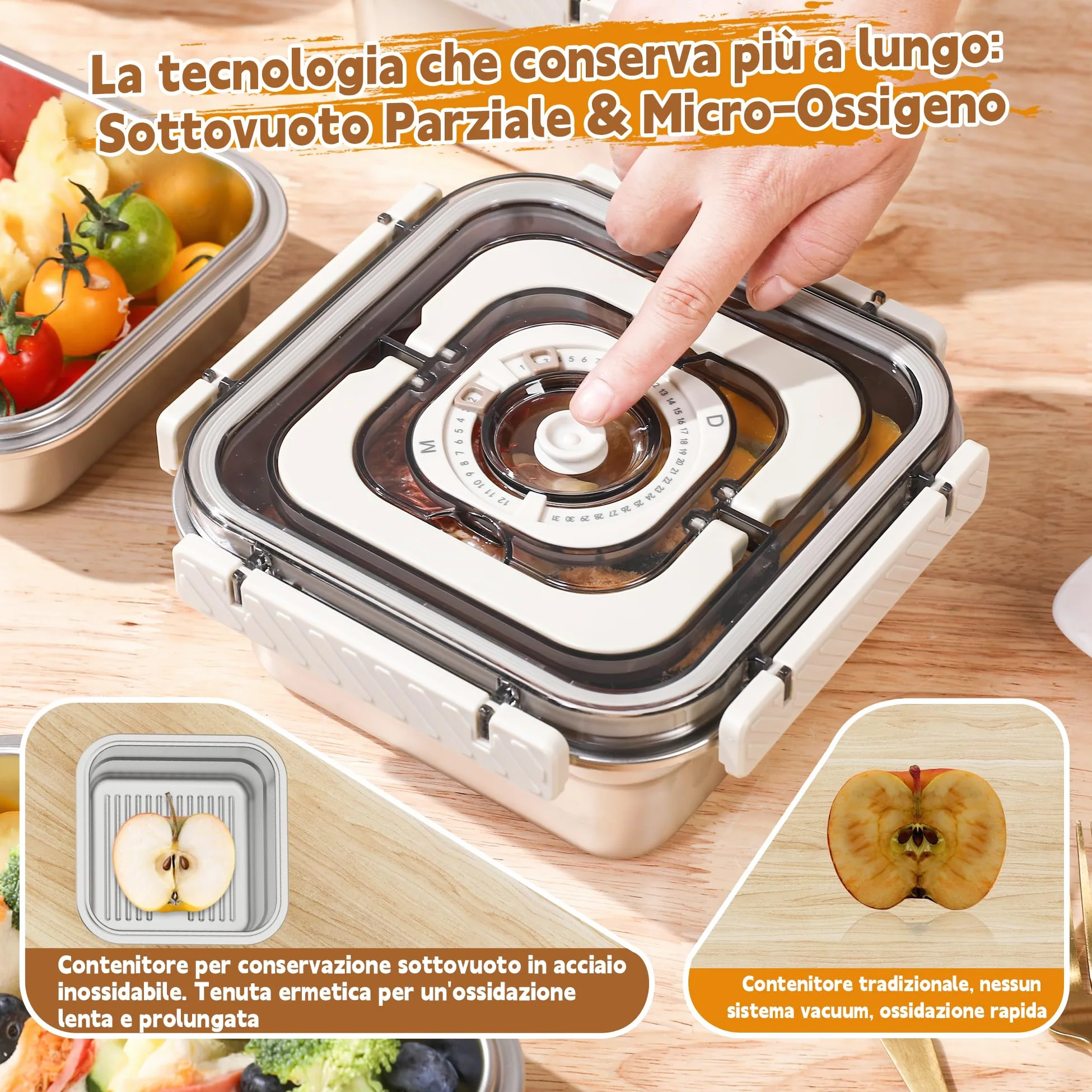 Sistema Sottovuoto Acciaio Inox con Pompa Manuale - Set da 2 Contenitori in Acciaio Inox (1250ml+1850ml) - Ermetici per Dispensa, Congelatore e Portavivande - BPA Free, Impilabili