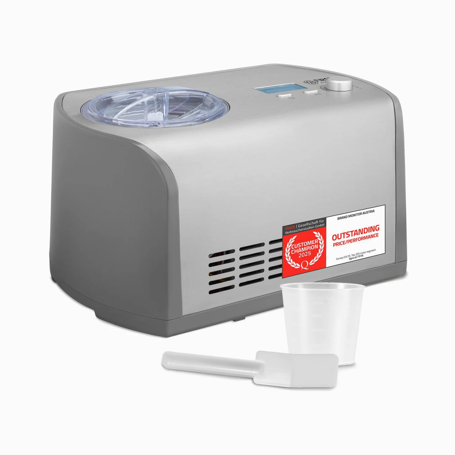 TZS First Austria Macchina per Gelato 1,2L - 135W - Compressore e Funzione Raffreddamento - Gelatiera per Gelato, Sorbetto o Frozen Yogurt - Cestello in Acciaio Inox - Grigio