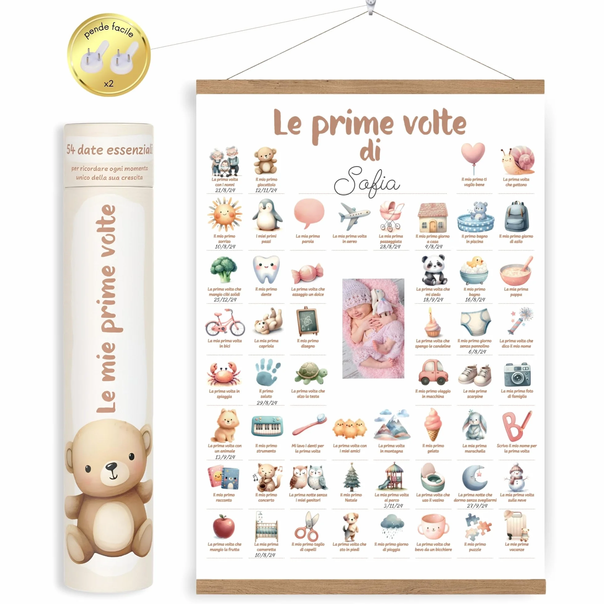 HuBorns - Poster Le Mie Prime Volte per Seguire le Tappe Fondamentali del Neonato, Regalo Neonato Maschio e Femmina, Decorazione Cameretta, Include Strisce di Legno per Appendere e Spazio per Foto