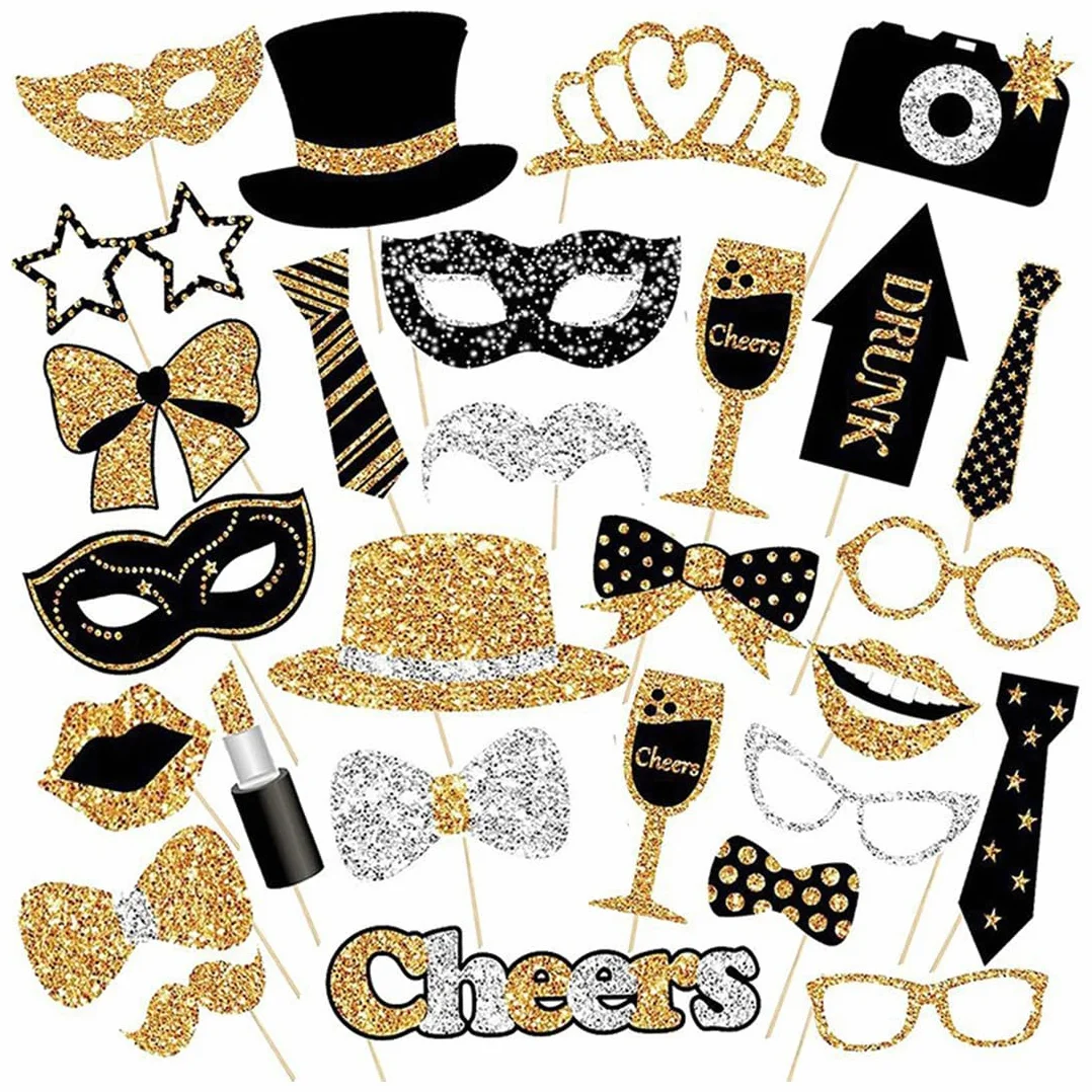Accessori Photo Booth 30 Pezzi Nero Oro Decorazione Feste Matrimonio Compleanno