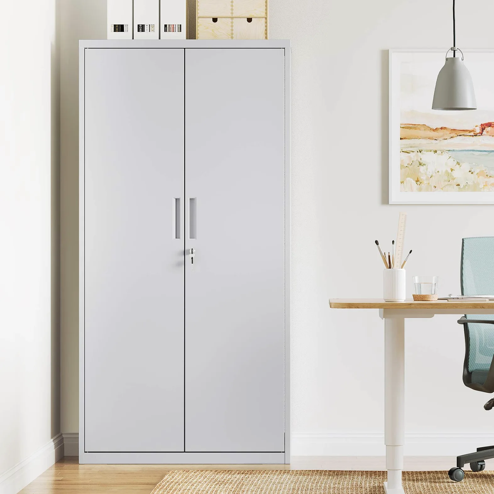 SONGMICS Armadietto Garage a 5 Ripiani con 2 Ante, Armadio Ufficio, 40 x 80 x 180 cm, 1 Serratura, Ripiani Regolabili, Armadio Metallo, Grigio Opaco OMC015G01