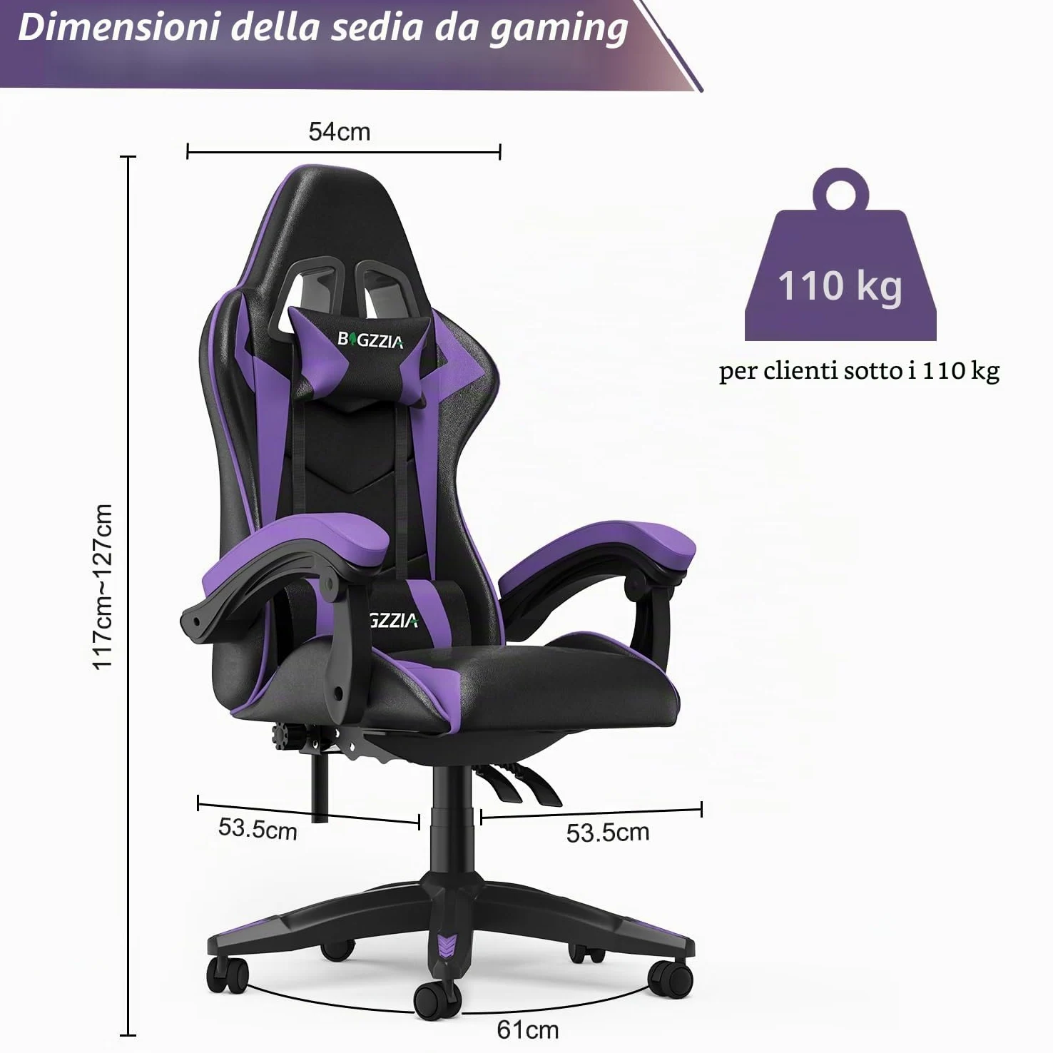 bigzzia Sedia da Gaming, Ergonomica, Per Gamer, con Cuscino Lombare e Poggiatesta, Regolabile in Altezza, Sedia Per Computer, Per Ufficio (Viola)