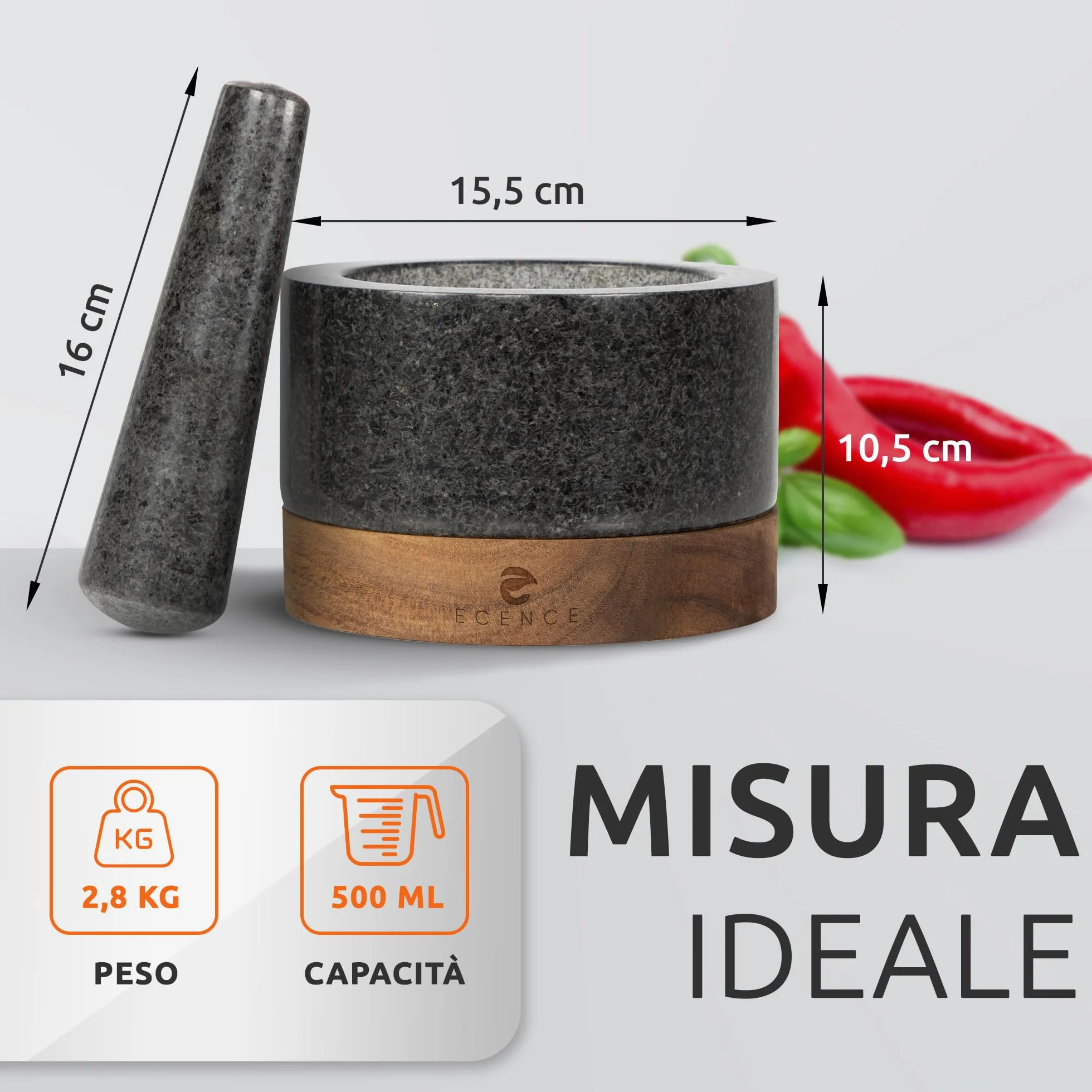ECENCE Mortaio con Pestello in granito Ø15,5cm base in legno acacia per erbe e spezie