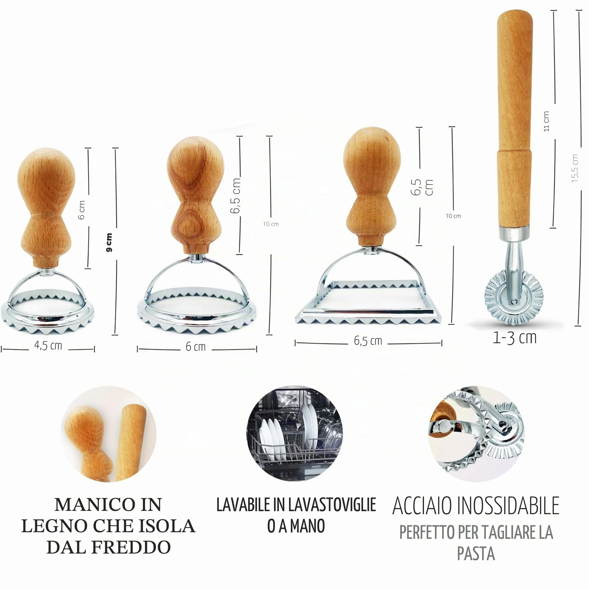 Plantvibes Set di 4 Tagliapasta per Ravioli con Manico in Legno, Stampo e Taglierina
