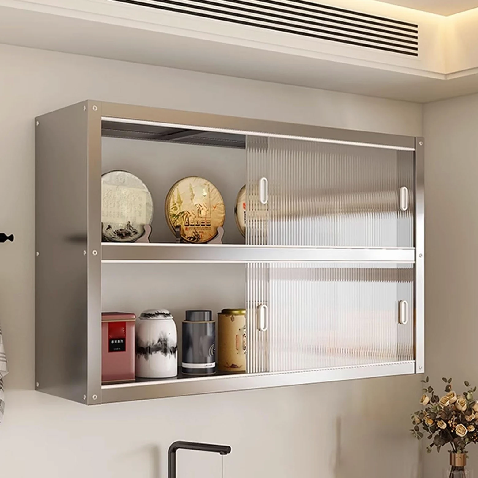 Pensili Cucina Vetrinetta Espositiva Da Parete Capacità Di Carico Di 25 Kg for Singolo Strato Realizzato in Acciaio Inossidabile Dotato Di Ante Scorrevoli Trasparenti Pensile Bagno(70 * 30 * 70cm)