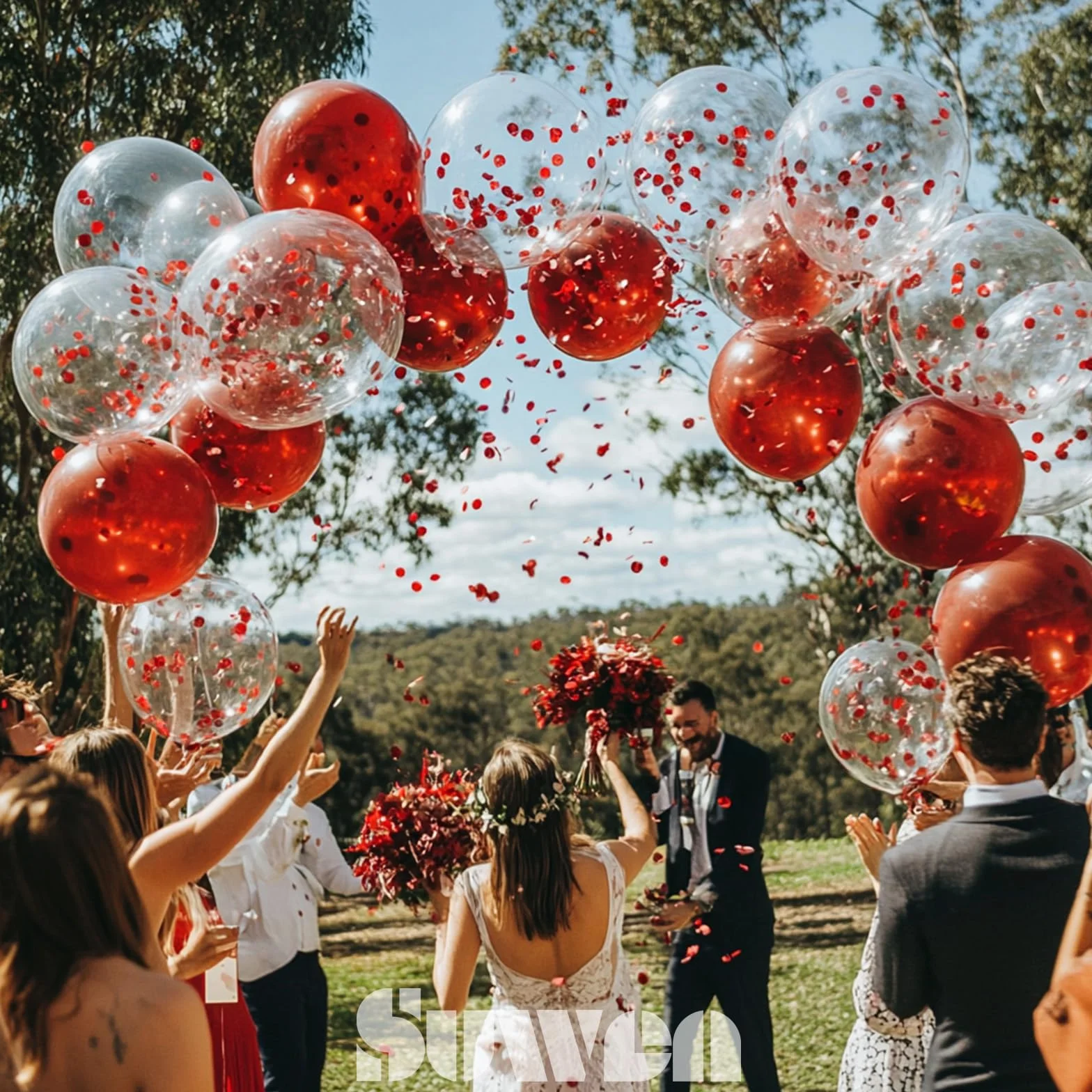 SUWEN Palloncini Rossi e Palloncini a Coriandoli Rossi 47 Pezzi 25cm 10 Pollici Adatti ad Elio per Feste Matrimoni Compleanni San Valentino Natale Cerimonie Anniversari
