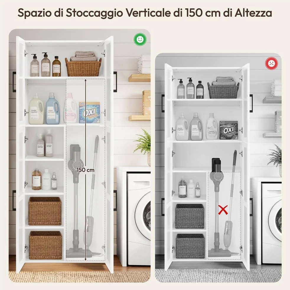 Yaheetech Armadio per Scope Alto 175,5 cm Armadio Multiuso a 4 Ante Scomparto per la Dispensa Profondo 37,5 cm Mobiletto Contenitivo Slanciato con Vano per l'Aspirapolvere Bianco