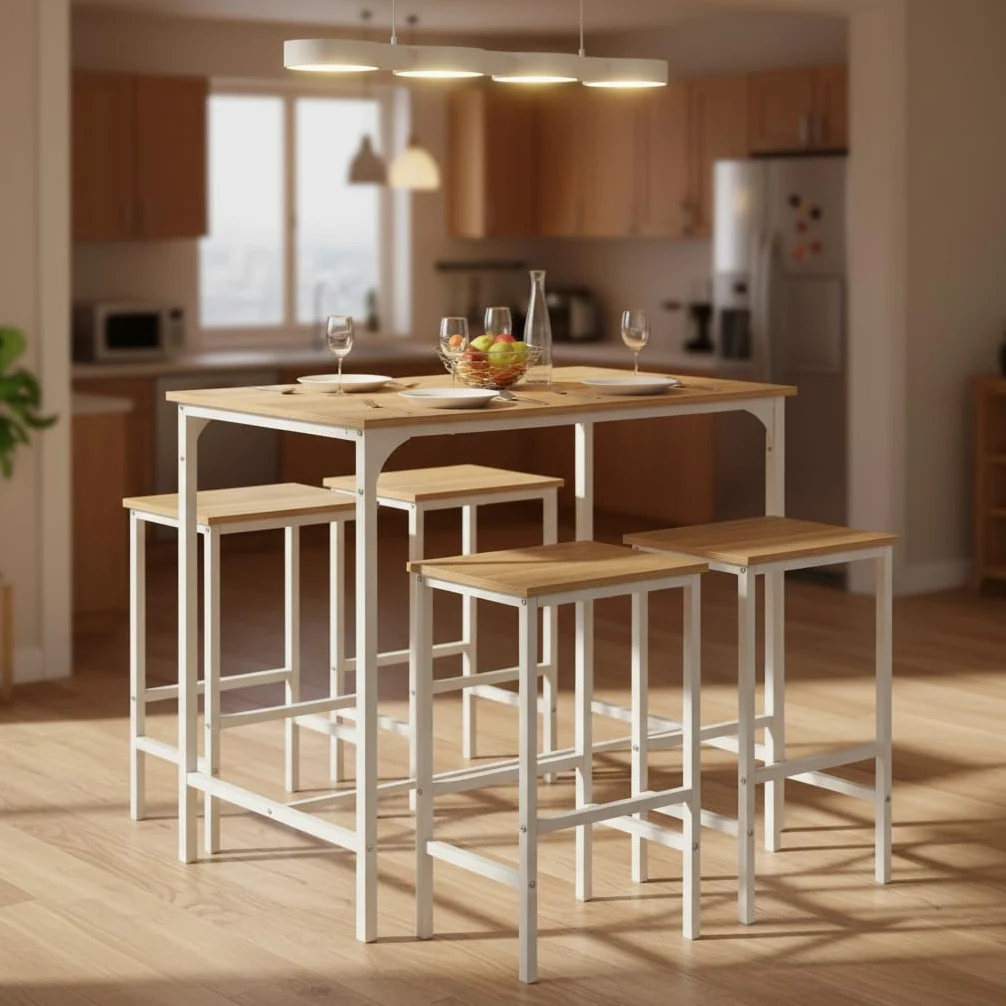 buybyroom Tavolo da bar con sgabello da bar – Set da pranzo con 4 sedie effetto rovere con venature, 100 x 60 x 90 cm