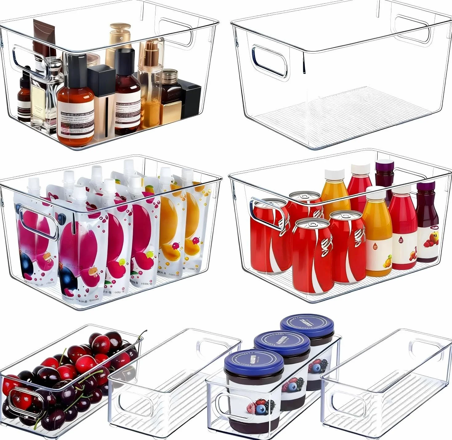 SKTEET Set di 8 contenitori in plastica trasparente, 4 grandi e 4 piccoli contenitori impilabili per dispensa e cucina, organizer per casa e armadietti