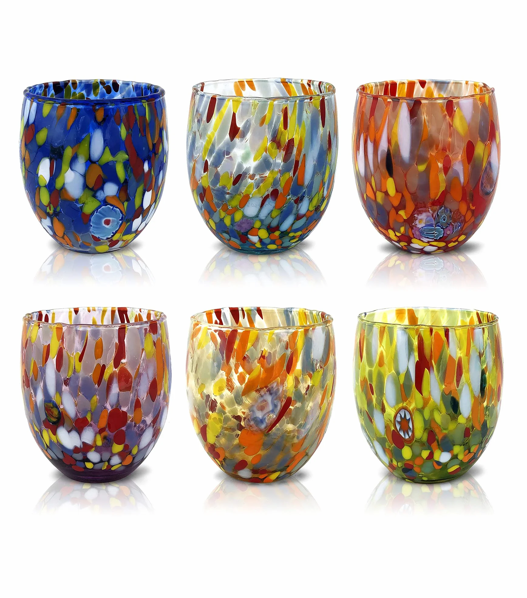 MAZZEGA ART & DESIGN - 6 Bicchieri da Acqua Classic in Vetro Soffiati e Lavorati a Mano con Murrine di Murano, linea “I Colori di Murano” 320 ml. Made in Italy (GIFT BOX, 6)
