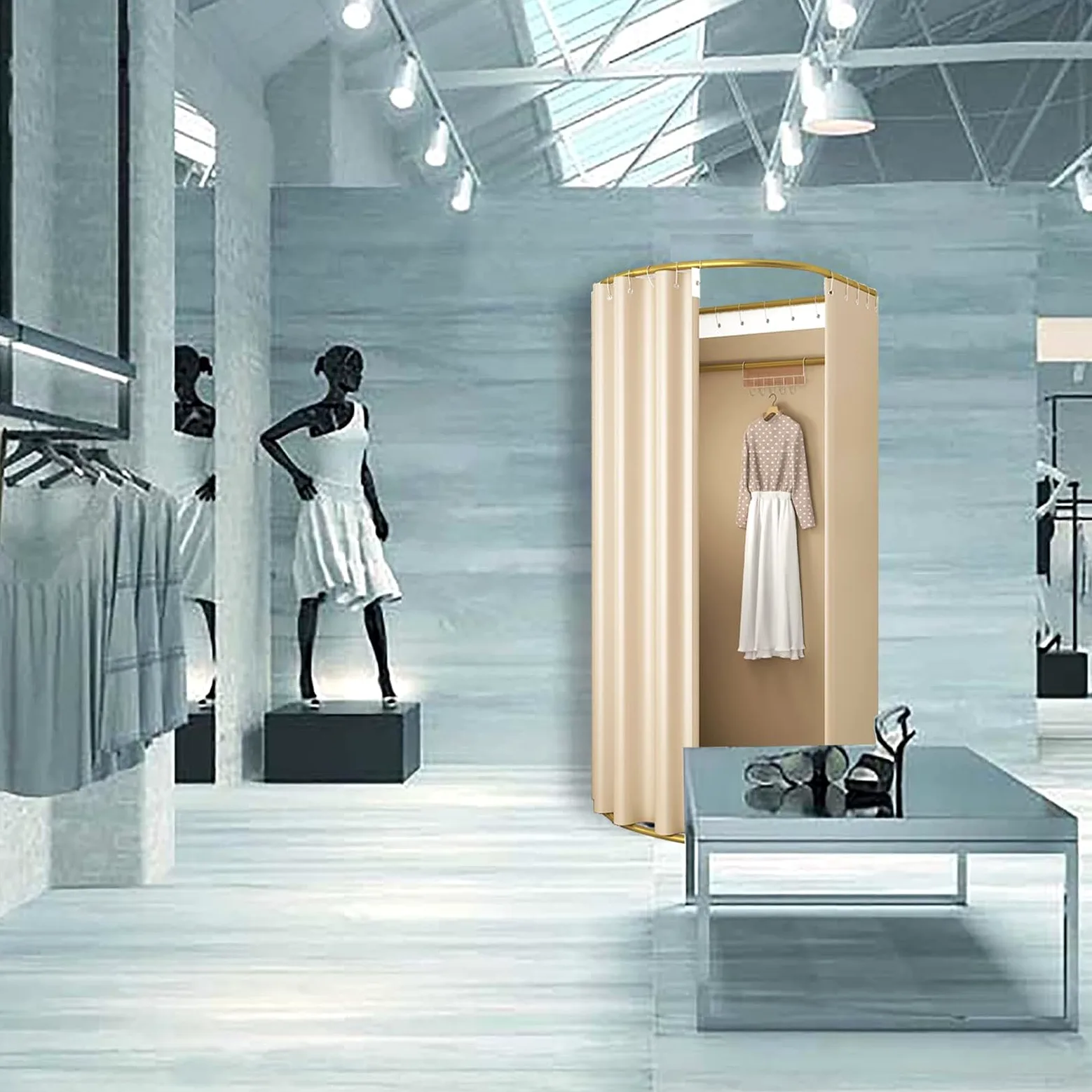 Madamera Cabina Portatile per Negozio di Abbigliamento, Cabina con Tende a Tonnellato per la Privacy, per Negozio di Abbigliamento, Shopping Mall e Uffici (Beige)