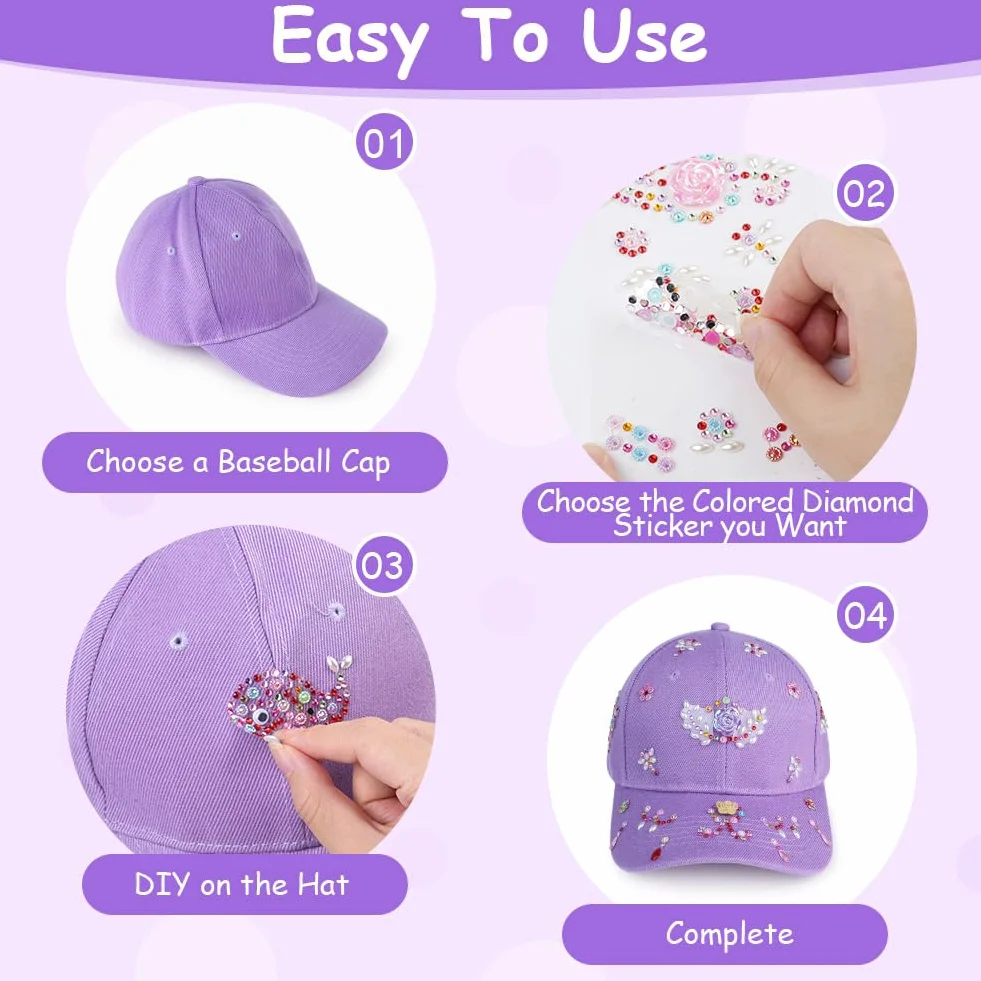 Aomig Cappello Baseball Bambino, Berretto Bambino con Visiera Regolabile, Cappellino da Baseball con Adesivi Strass Estivo Cappello con Visiera Bambini per Protezione UV, Tinta Unita(Viola)