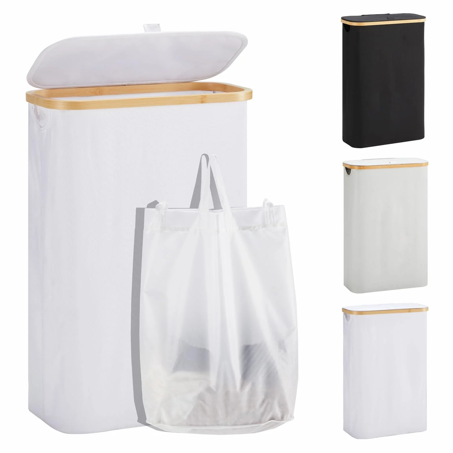 YOUDENOVA - Cesto portabiancheria con coperchio, 48 l, stretto, con sacco grande per la biancheria, pieghevole, in legno di bambù, bianco