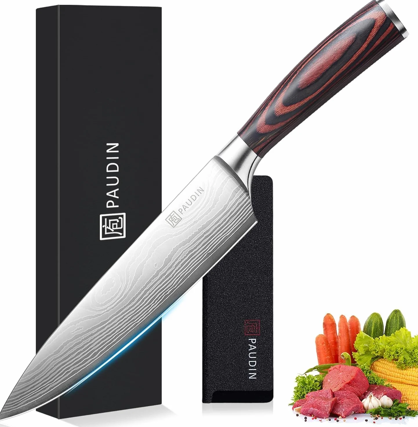 PAUDIN Coltello da Chef Professionale da 20 cm, da Cucina per Cuoco, in Acciaio Inossidabile al Carbonio di Alta Qualità, Lama Super Affilata con Impugnatura Ergonomica