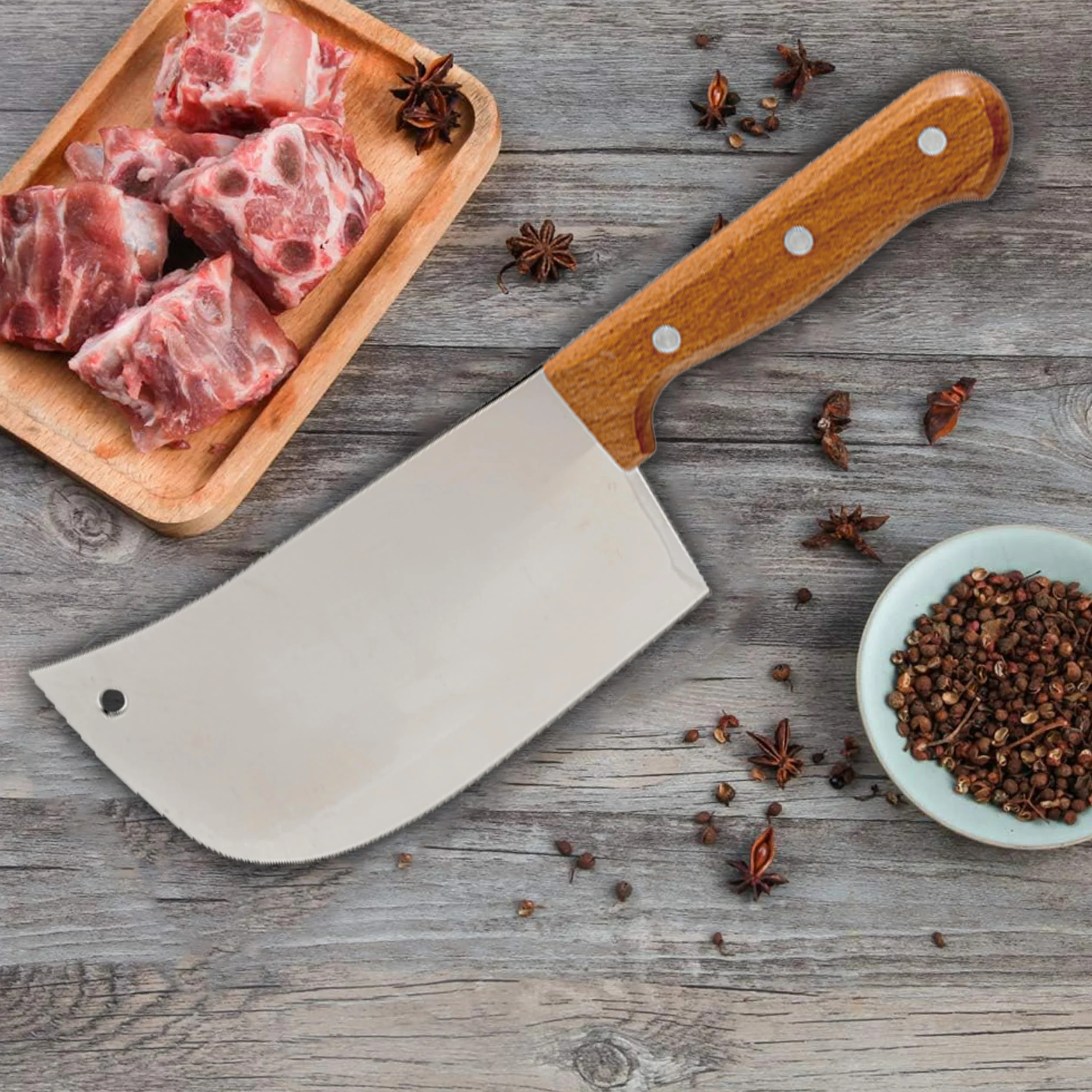 IPEA Mannaia da Cucina 29 cm - Coltello da Chef Professionale con Lama Affilata in Acciaio Inox per Tagliare Carne ed Alimenti - Impugnatura Ergonomica in Legno per Cuoco o Macellaio