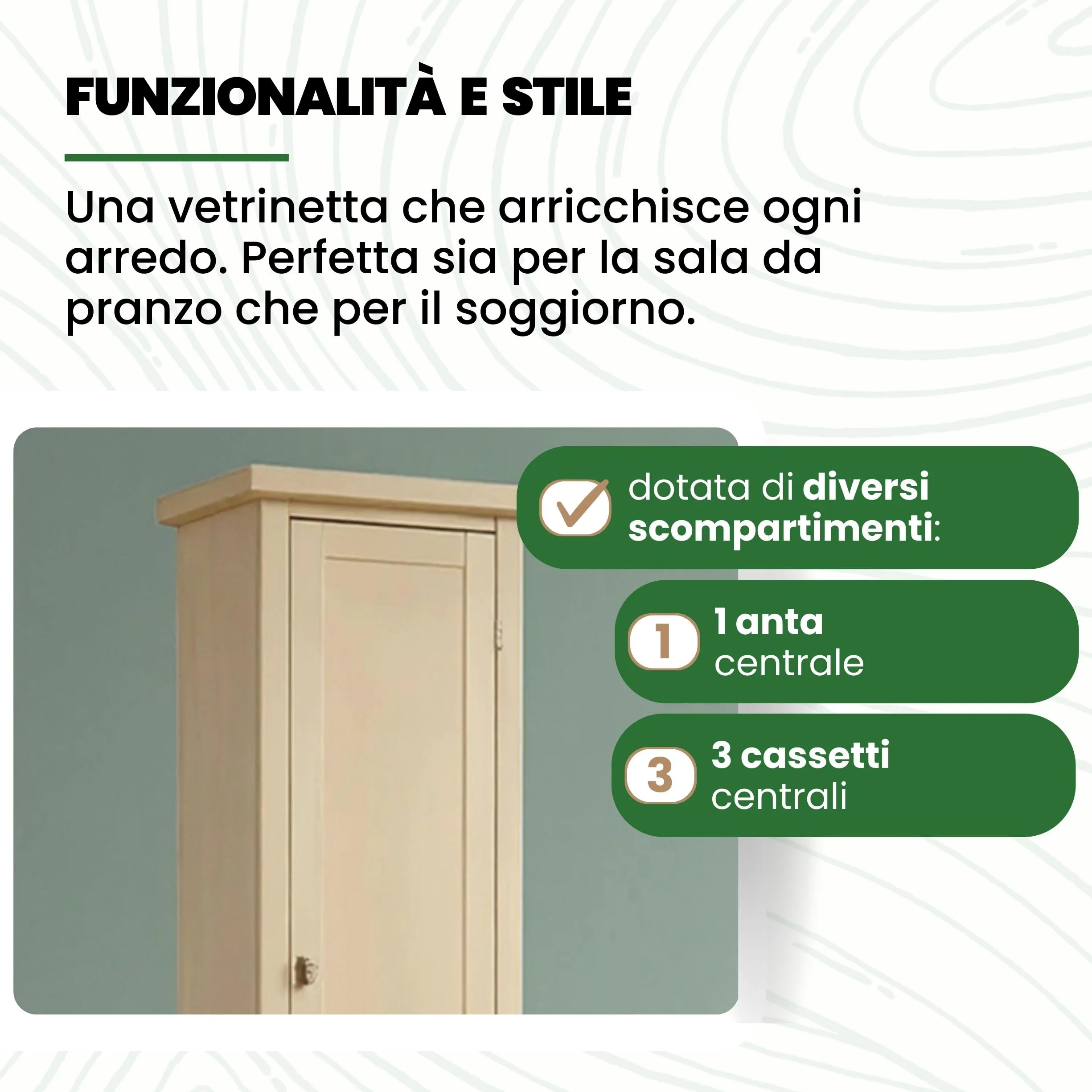 Mar.c.a. Design - Vetrinetta Arte Povera in Legno 45x41x187 cm - 1 Anta 3 Cassetti con Base Piatta - Made in Italy