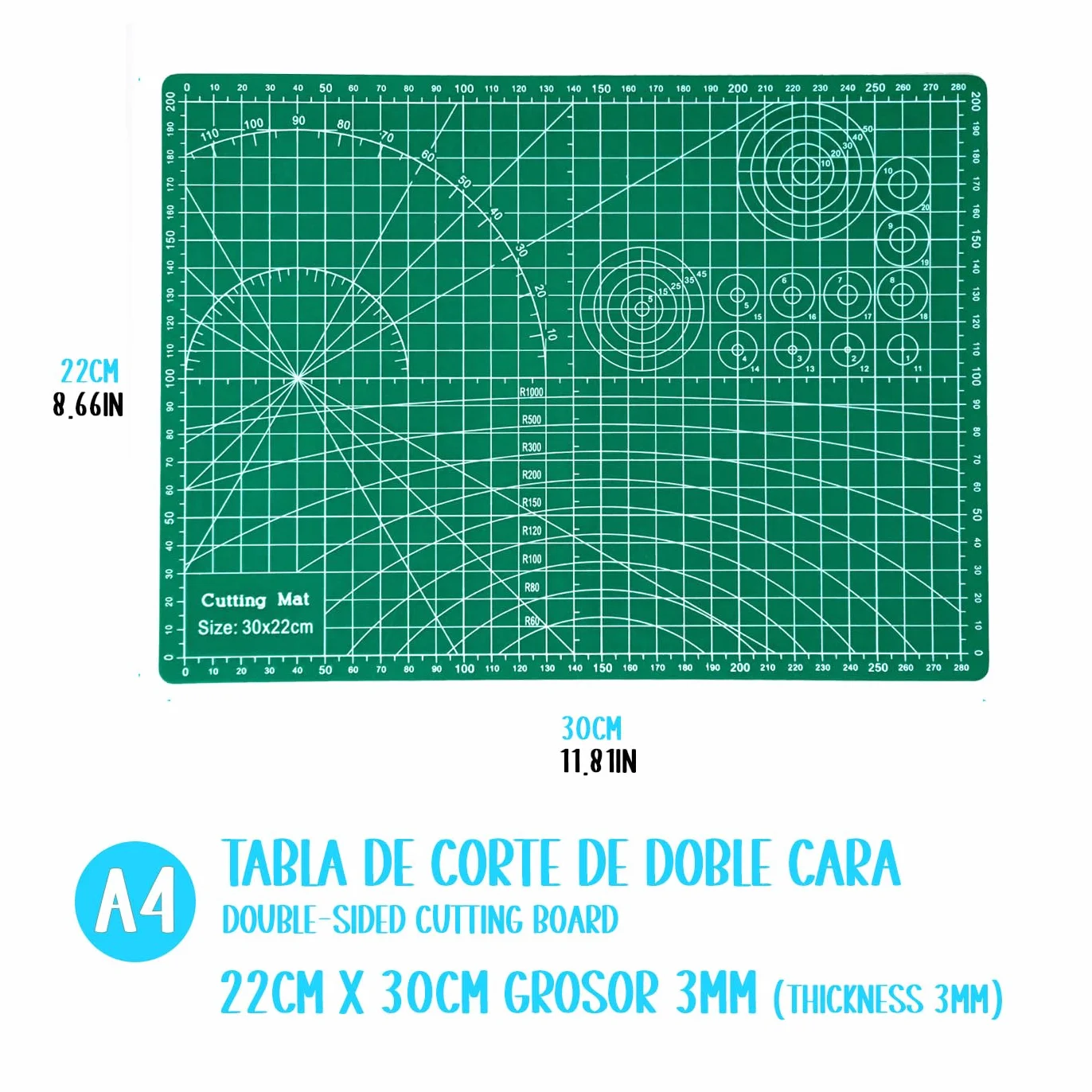 Tavola da taglio double-face A4 3 strati verde 30 x 22 cm per patchwork e cucito