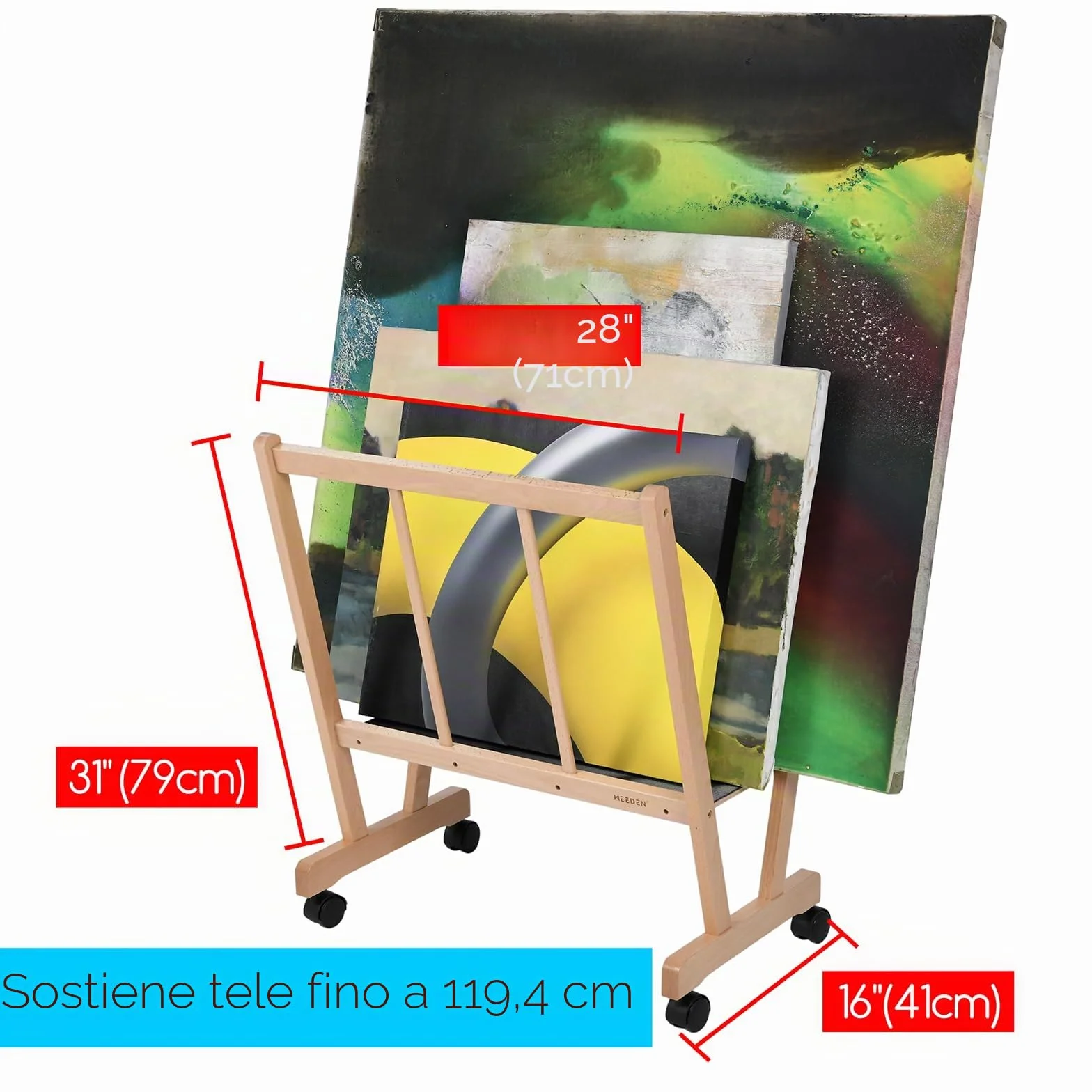 MEEDEN Scaffale grande in legno con ruote per opere d'arte fino a 119,4 cm naturale