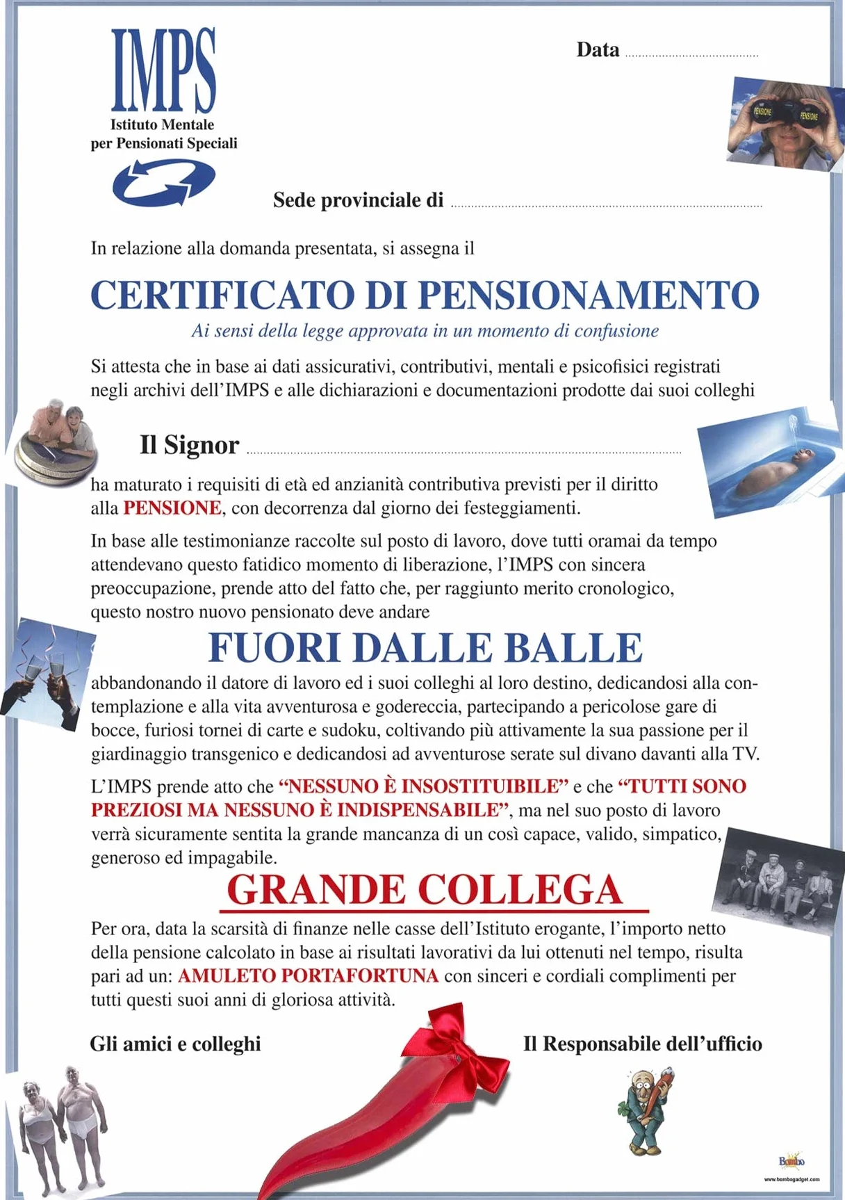Bombo Certificato di Pensionamento con cornetto portafortuna