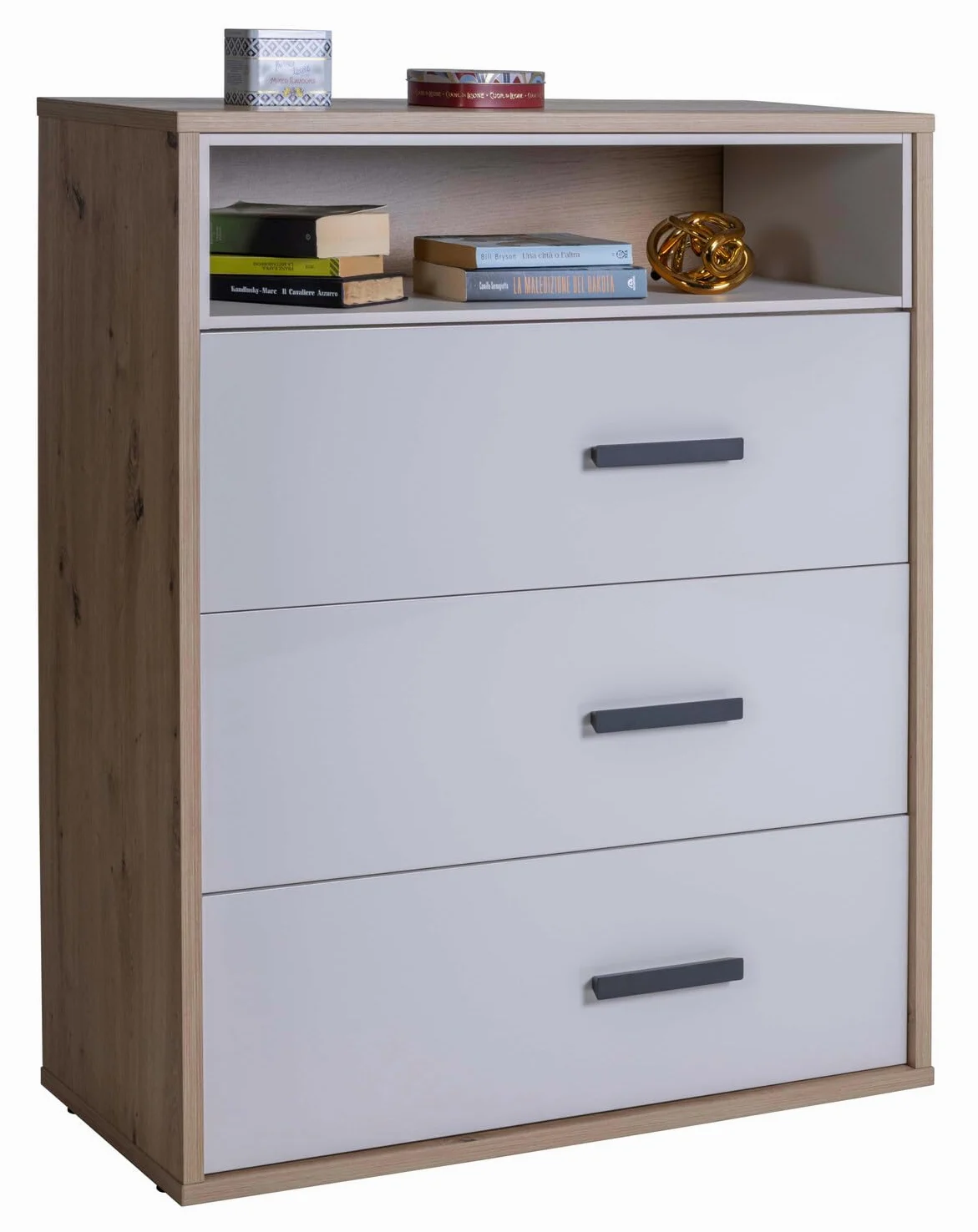 Composad | Cassettiera della Linea MIPIACE con 3 Cassetti per Cameretta, Mobile Contenitore per Bambini e Ragazzi, (LxAxP):89,3x112,1x40,5 cm, Rovere Mielato e Grigio Cashmere Laccato, Made In Italy