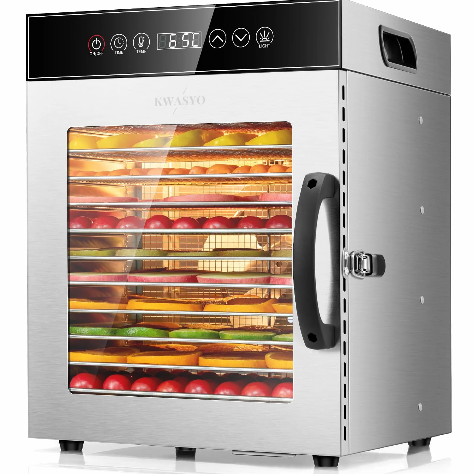 Kwasyo Essiccatore Alimentare in Acciaio Inox 750W con 12 Vassoi, Essiccatore Professionale, Timer Digitale, Controllo della Temperatura, Protezione dal Surriscaldamento, Ricettario Incluso