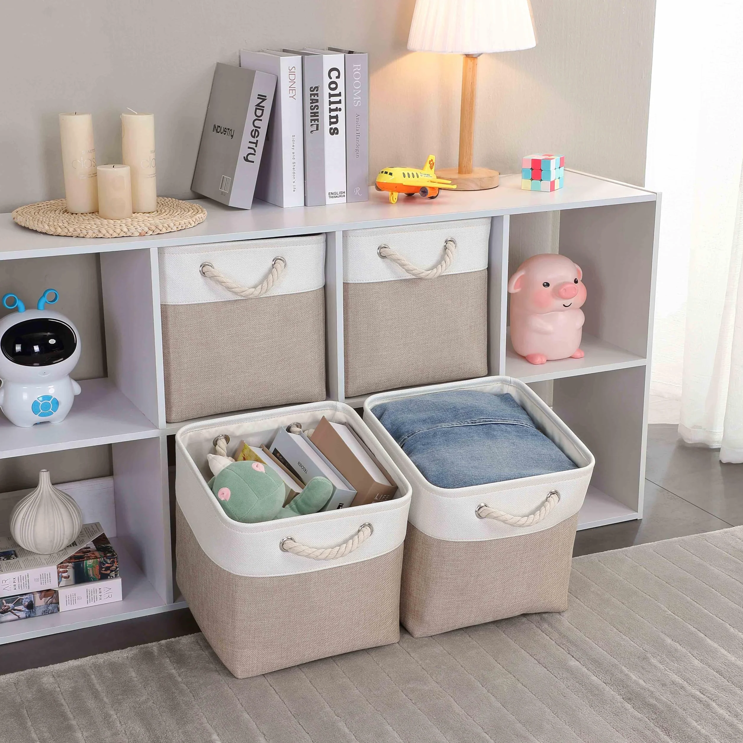 Mangata Set di 4 Scatole per Armadio Cesto Portaoggetti Tessuto 25 x 25 x 25 cm Pieghevole Bianco Kaki Chiaro