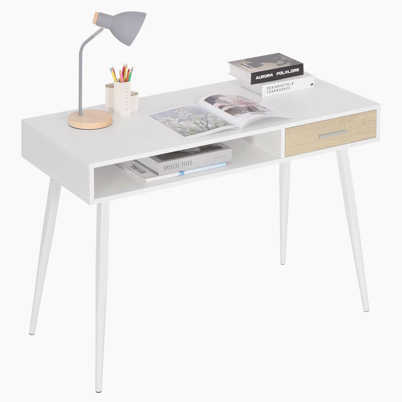 WOLTU Scrivania Bianca, Tavolo PC | con Cassetto e Ripiano, per Studio/Camera, 110x50x75 cm, Struttura Acciaio + Piano Legno